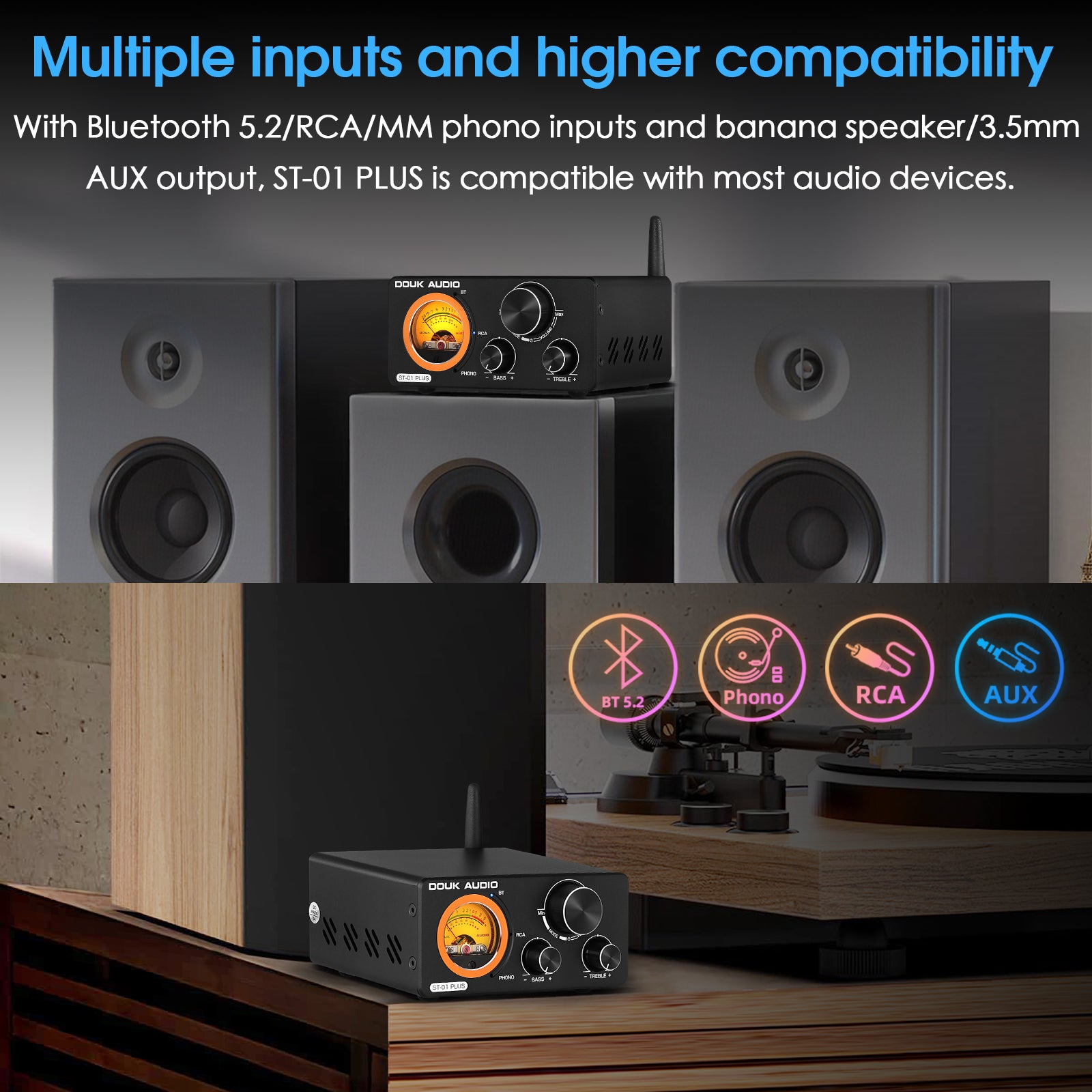 Douk Audio ST-01 PLUS HiFi Bluetooth TPA3255 Digital Amplifier VU Meter Turntable Audio Stereo Amp