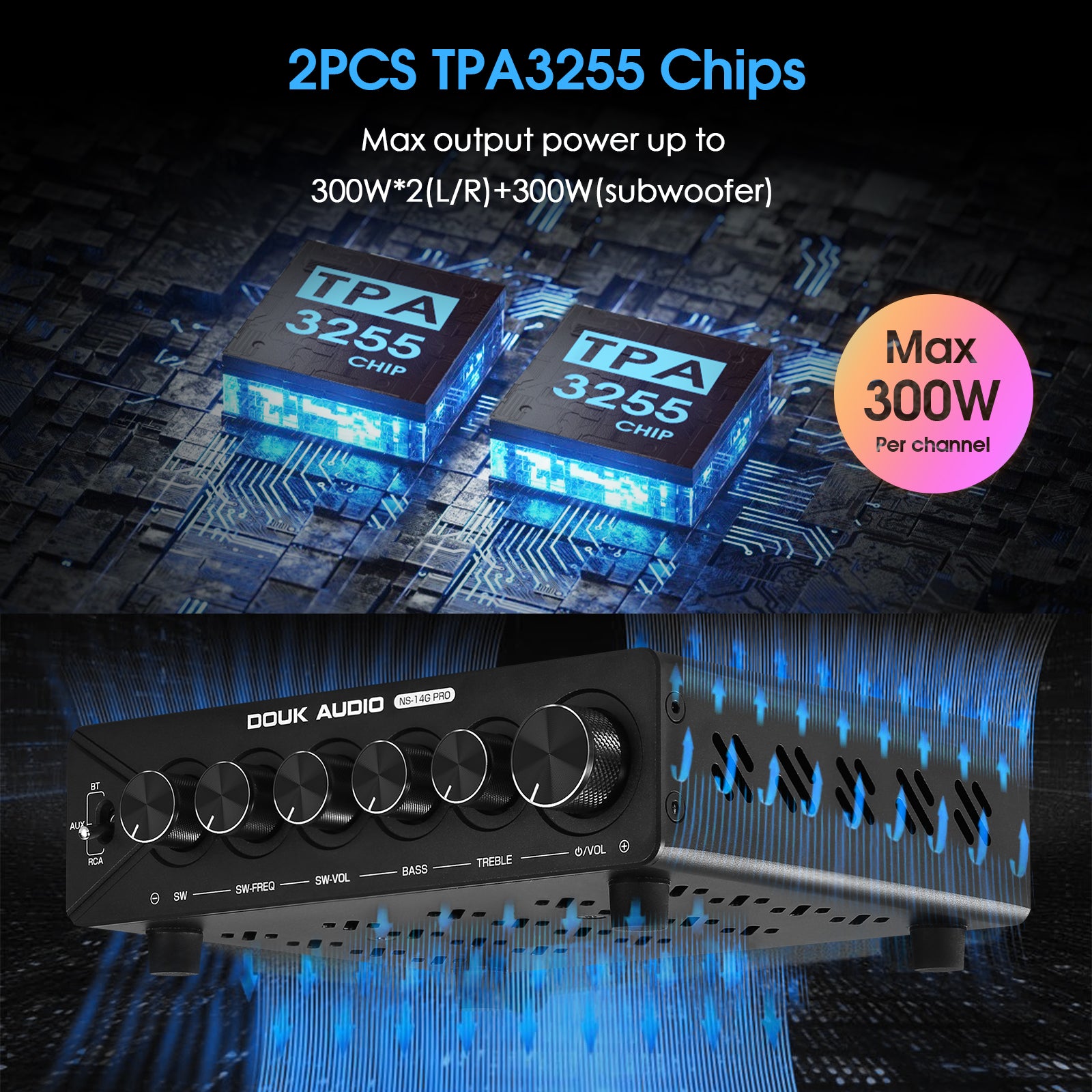 Douk Audio NS-14G PRO HiFi 2.1 Channel Bluetooth TPA3255 Digital Amplifier Subwoofer Stereo Audio Amp