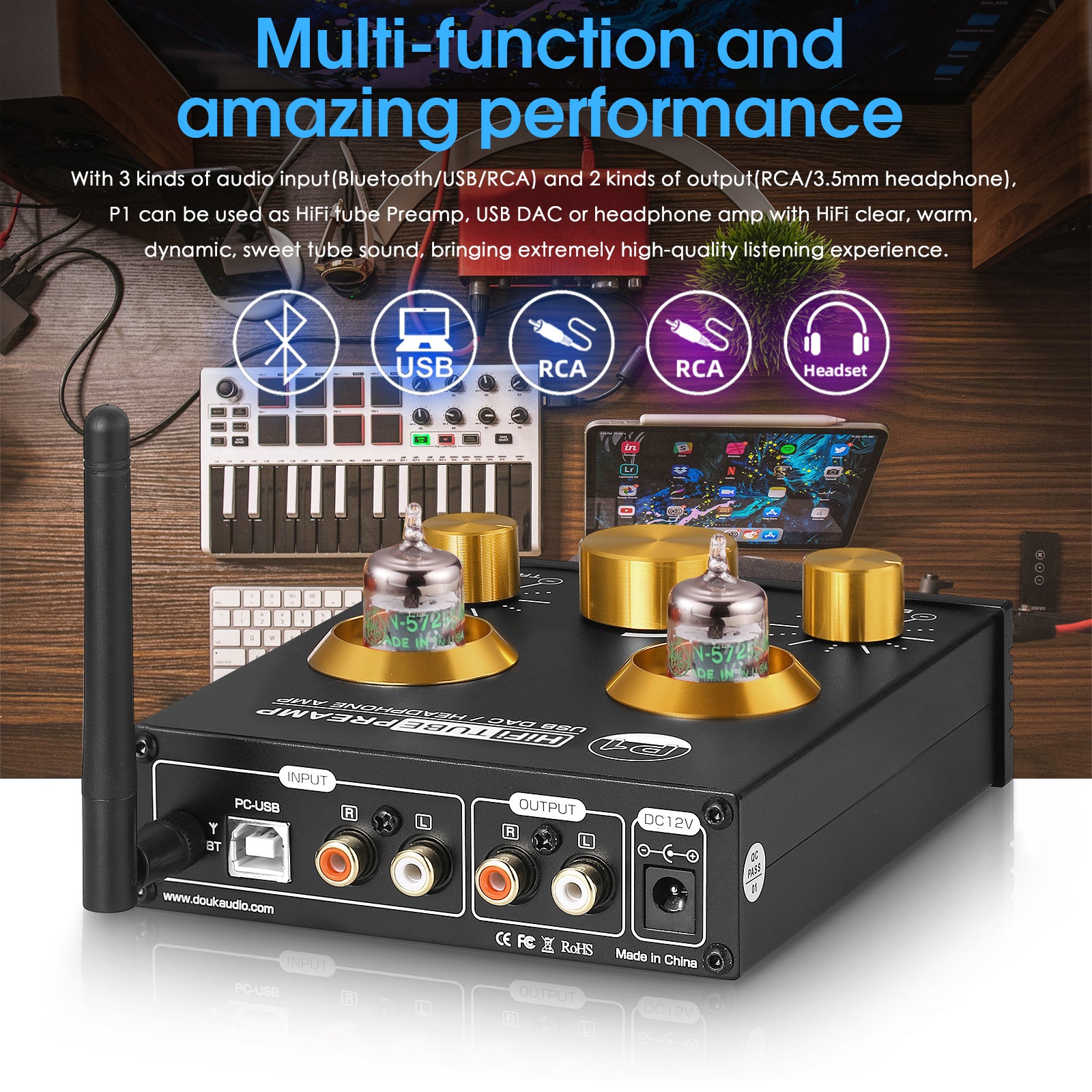 Douk Audio P1 HiFi 蓝牙 5.0 真空管前置放大器 USB DAC 立体声耳机放大器 APTX-HD