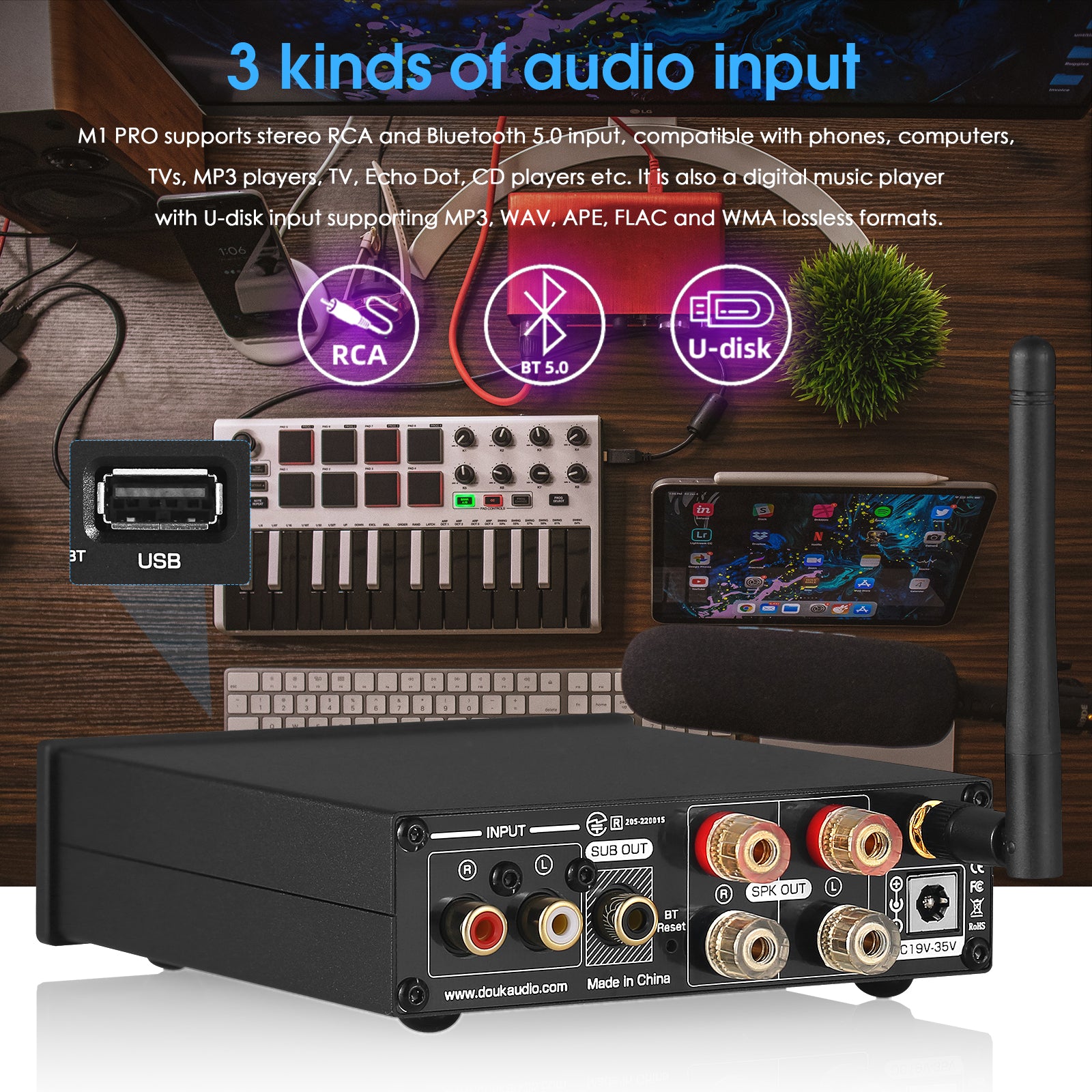 Douk Audio M1 PRO HiFi Bluetooth 5.0 Digitalverstärker Desktop-Stereo-Verstärker USB-Player 160 W×2