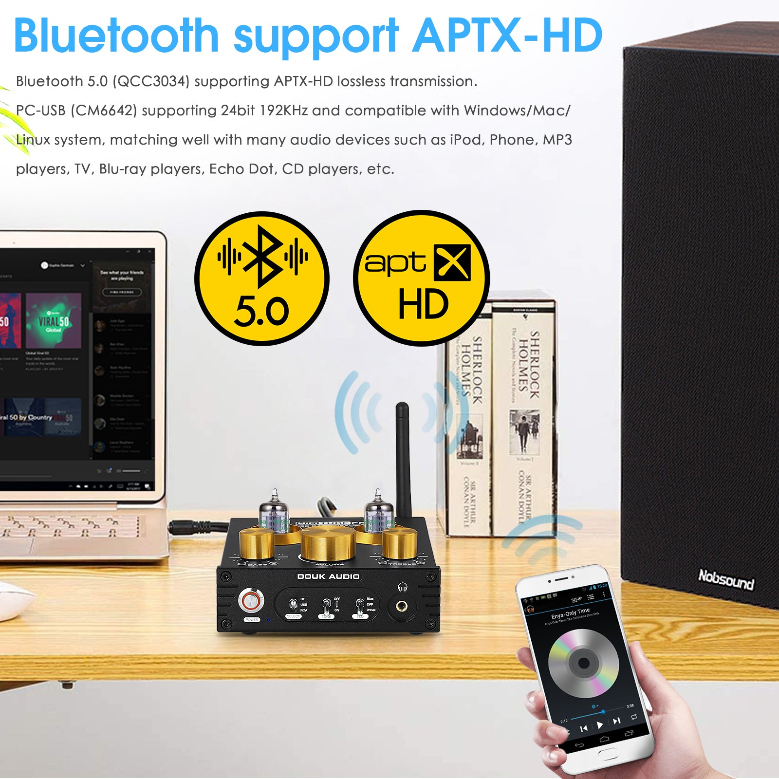 Douk Audio P1 HiFi 蓝牙 5.0 真空管前置放大器 USB DAC 立体声耳机放大器 APTX-HD