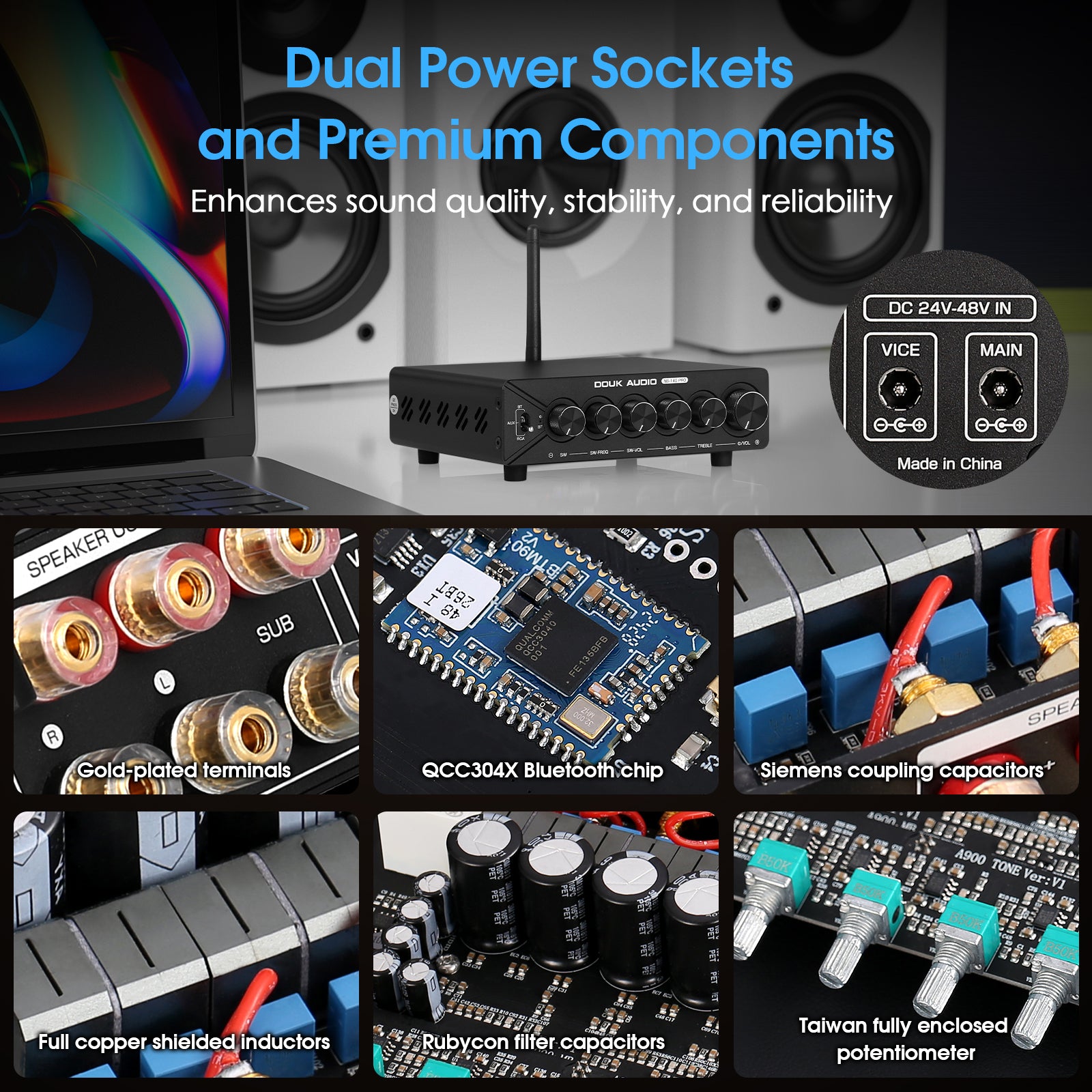 Douk Audio NS-14G PRO HiFi 2.1 Channel Bluetooth TPA3255 Digital Amplifier Subwoofer Stereo Audio Amp