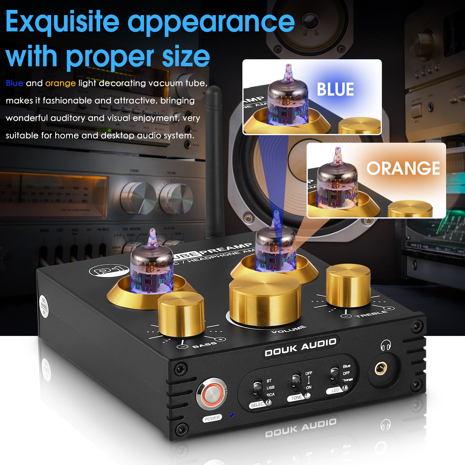 Douk Audio P1 HiFi 蓝牙 5.0 真空管前置放大器 USB DAC 立体声耳机放大器 APTX-HD