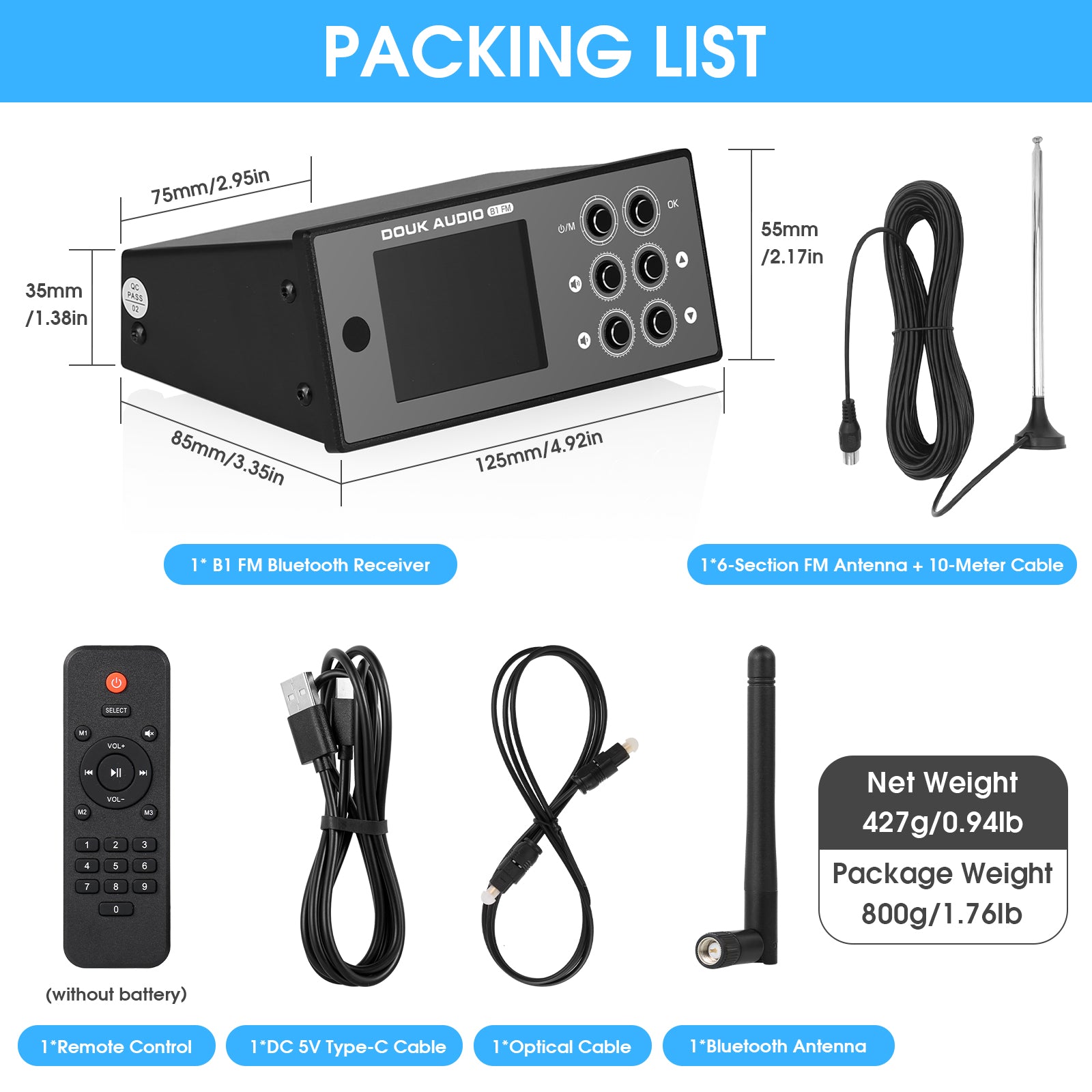 Douk Audio B1FM Mini HiFi Stereo Bluetooth 5.1 Receiver DAC Home Audio Music Player FM Radio