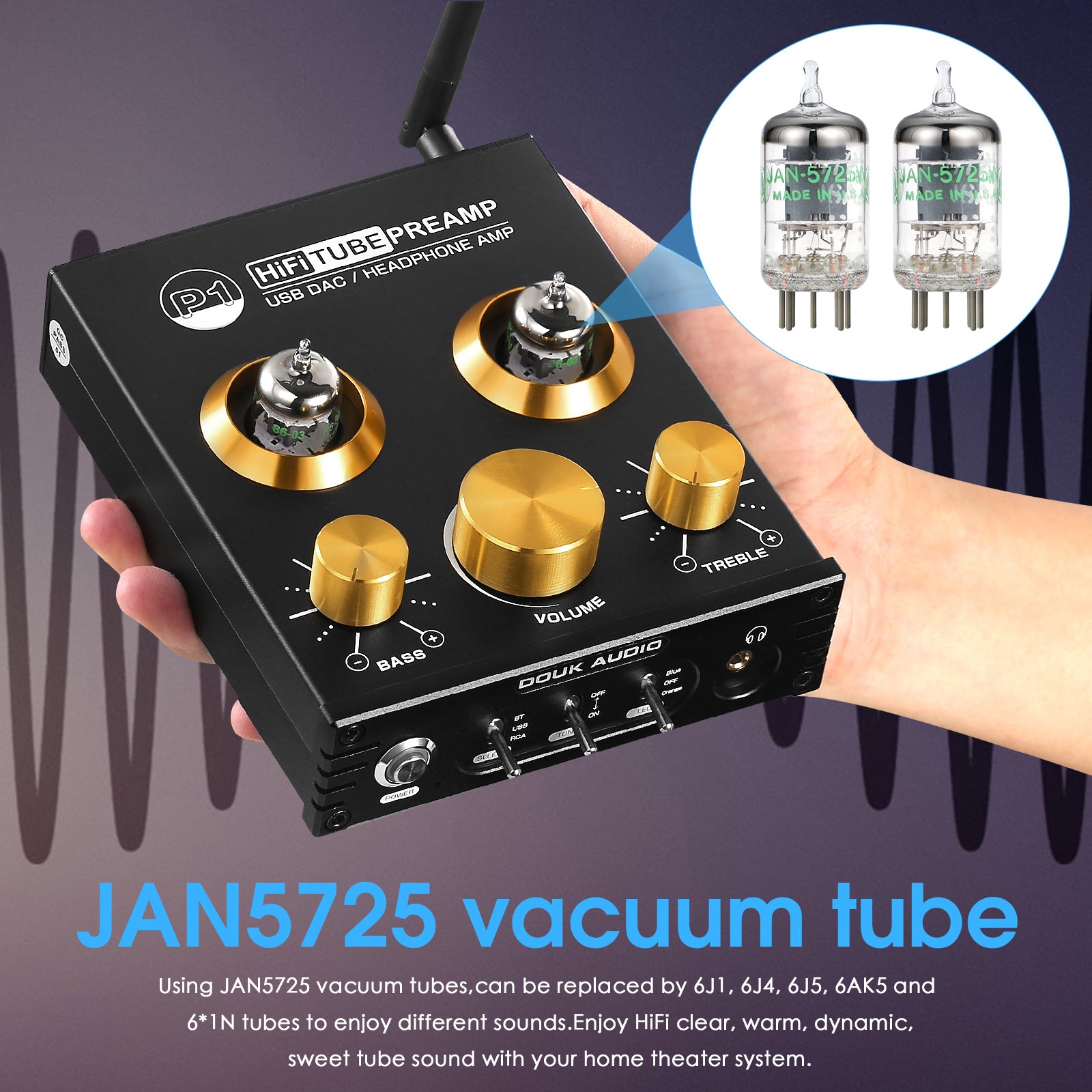 Douk Audio P1 HiFi 蓝牙 5.0 真空管前置放大器 USB DAC 立体声耳机放大器 APTX-HD