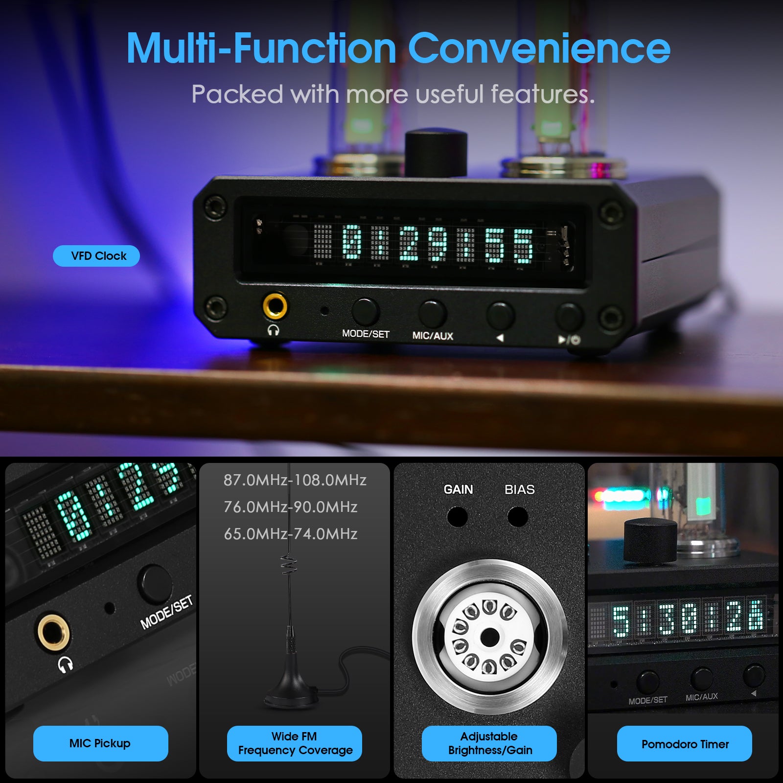 Douk Audio P2-FM Magic 6E2 Preamp Stereo Headphone Amp Sound Level Indicator FM Radio Clock