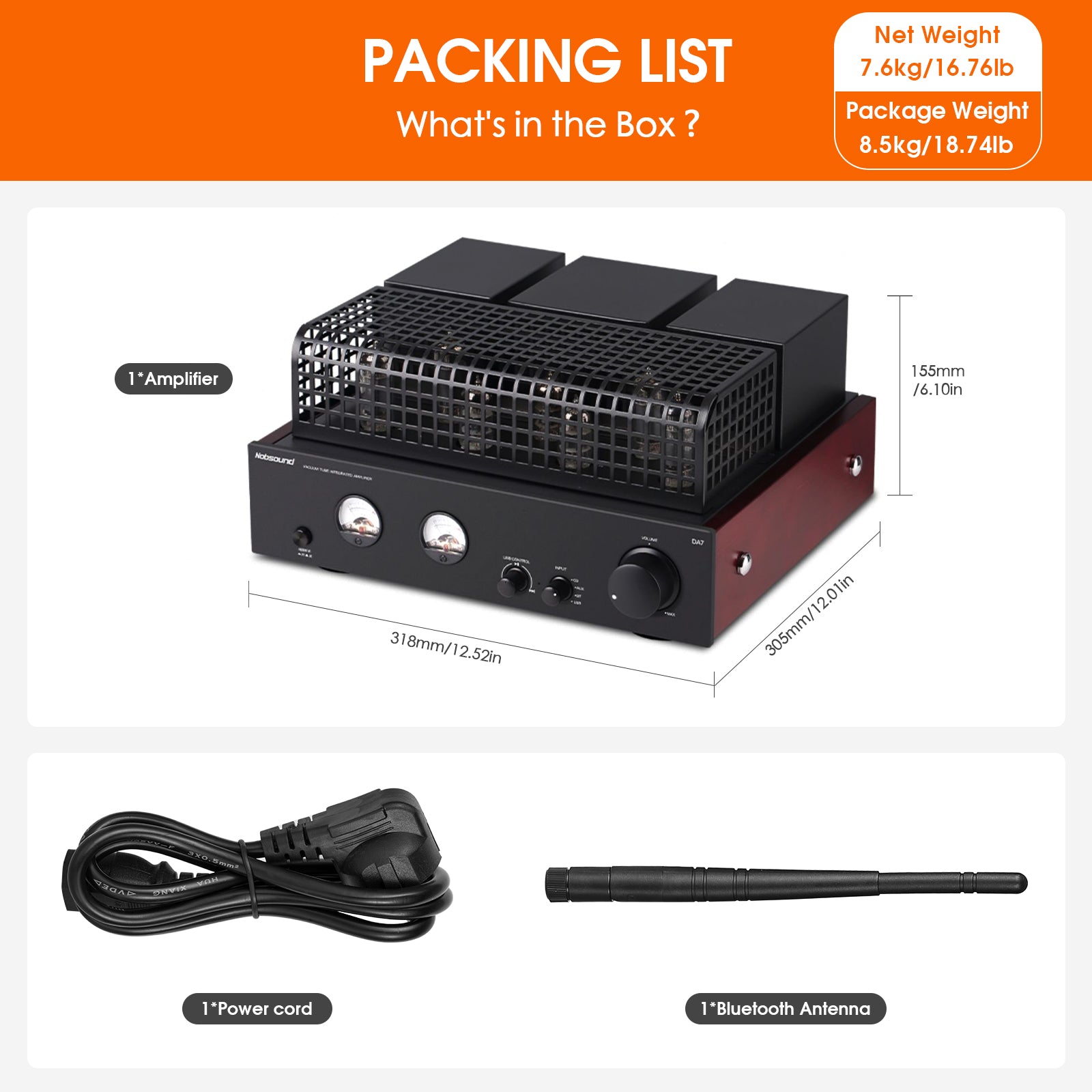 Nobsound DA7 HiFi Vacuum Tube Power Amplifier with Bluetooth/RCA/USB IN