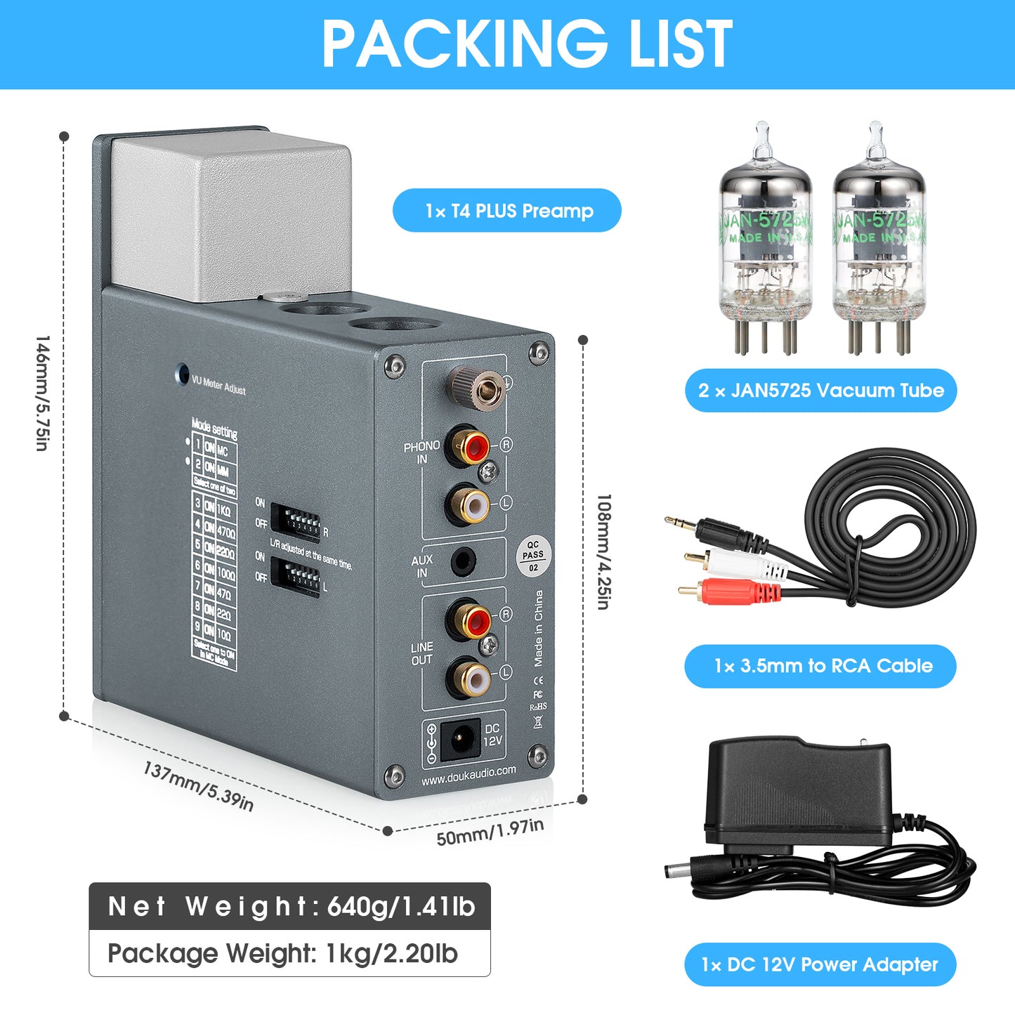 Douk Audio T4 PLUS HiFi Vaccum Tube Phono Preamp for Turntable Stereo Preamp Headphone Amp w/VU Meter