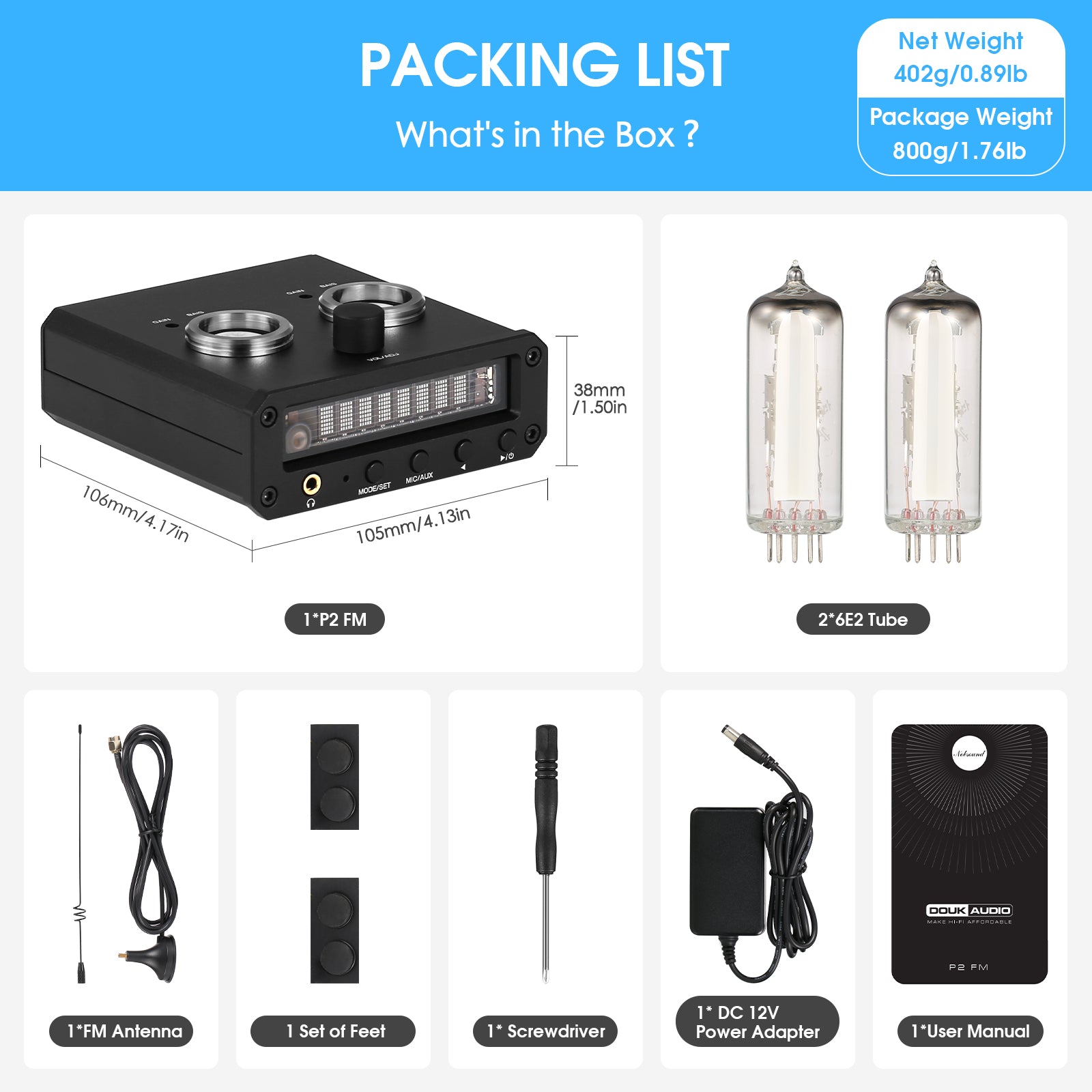 Douk Audio P2-FM Magic 6E2 Preamp Stereo Headphone Amp Sound Level Indicator FM Radio Clock