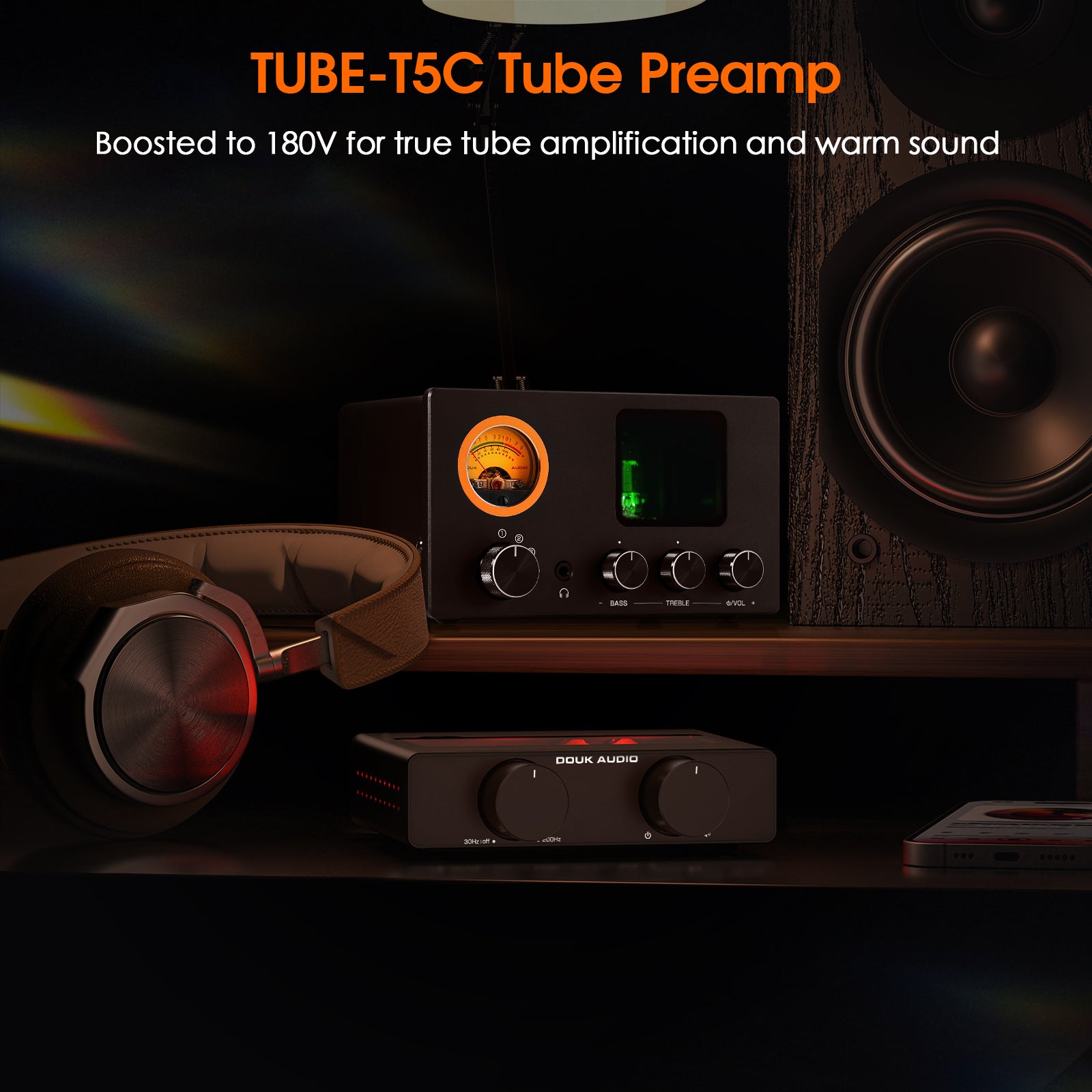 Douk Audio TUBE-T5C Mini Stereo Tube Preamp 4-Way Audio Selector Splitter Headphone Amp w/ VU Meter