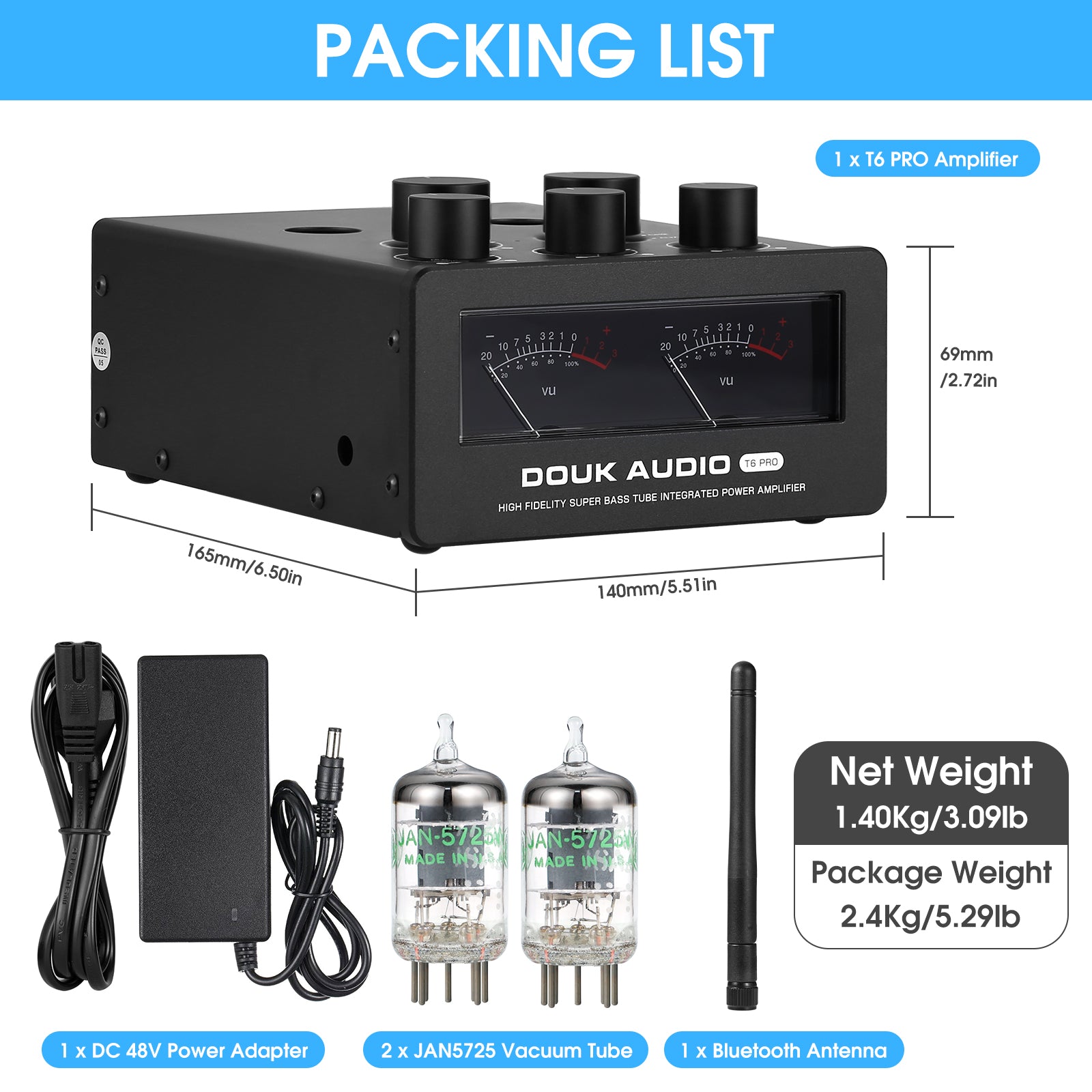 Douk Audio T6PRO HIFI TPA3255 蓝牙电子管放大器,带音量表,300 瓦 x2