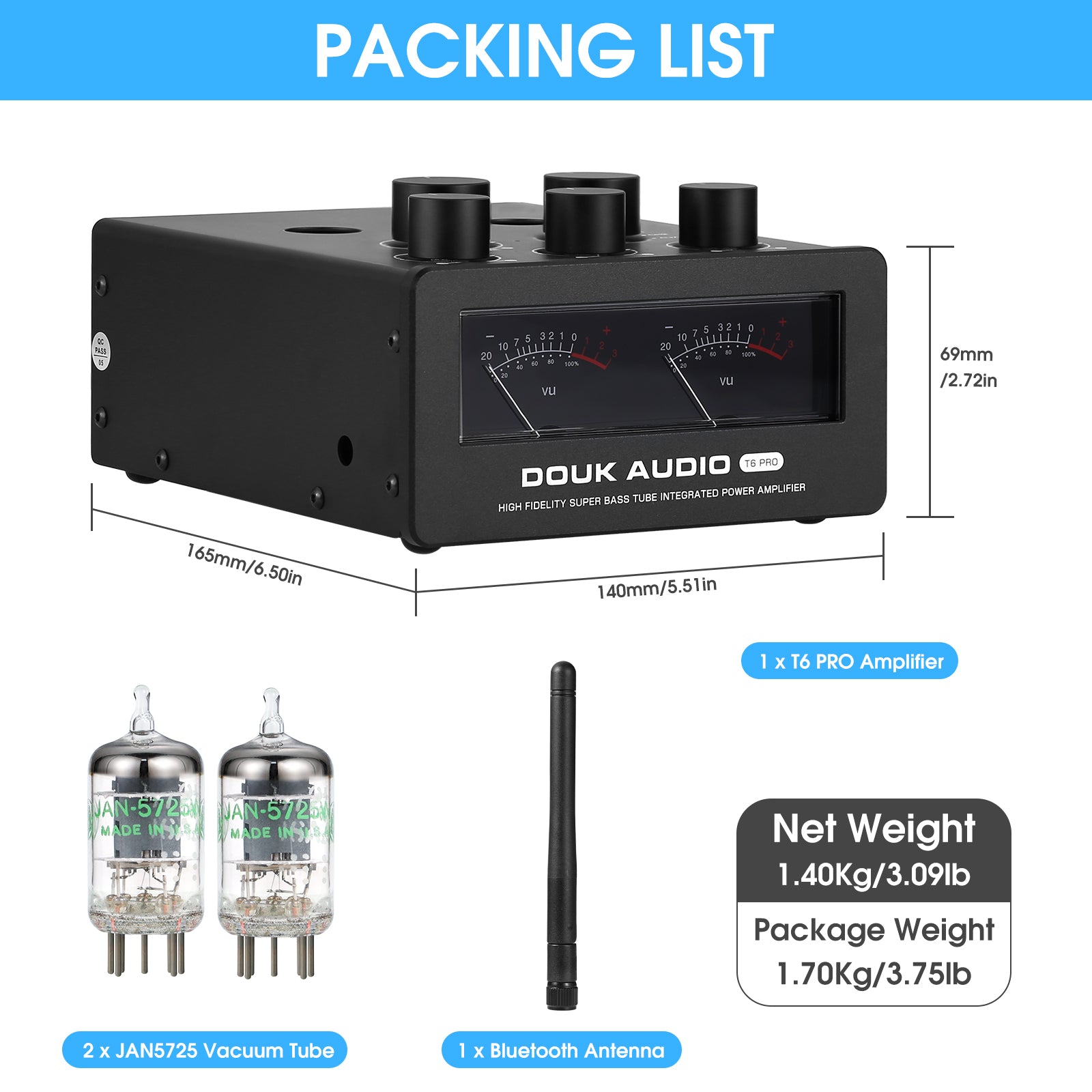 Douk Audio T6PRO HIFI TPA3255 蓝牙电子管放大器,带音量表,300 瓦 x2