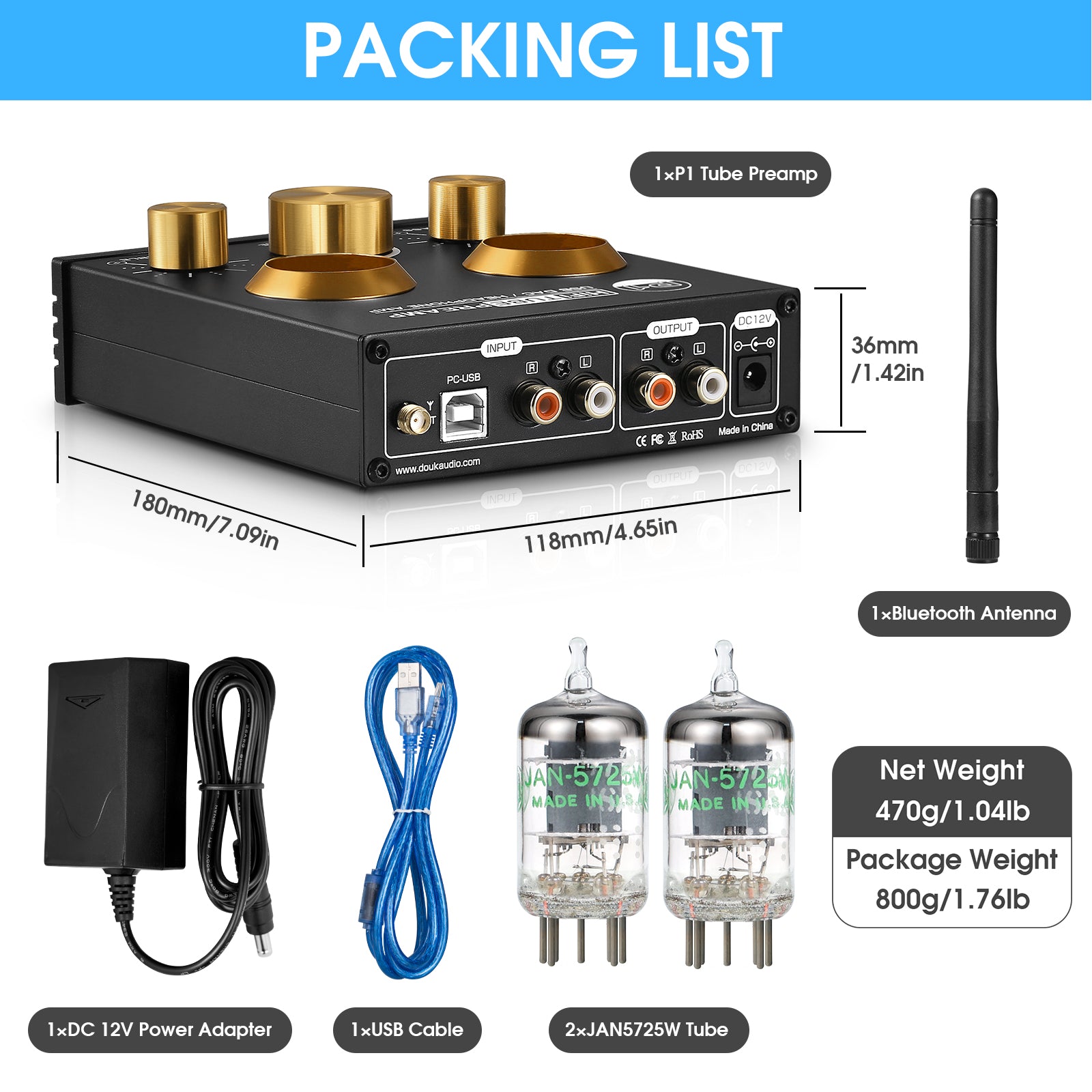 Douk Audio P1 HiFi 蓝牙 5.0 真空管前置放大器 USB DAC 立体声耳机放大器 APTX-HD