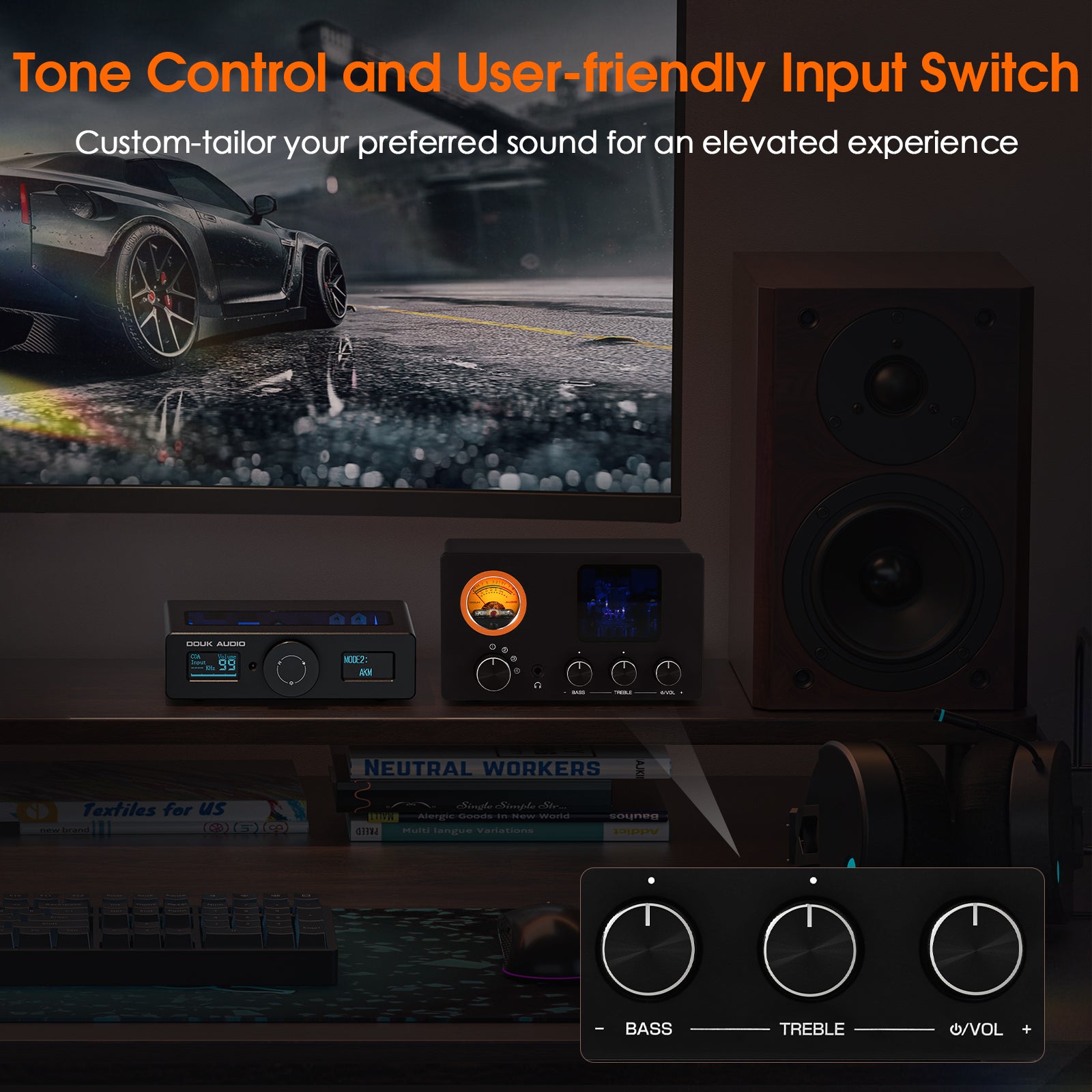 Douk Audio TUBE-T5C Mini Stereo Tube Preamp 4-Way Audio Selector Splitter Headphone Amp w/ VU Meter