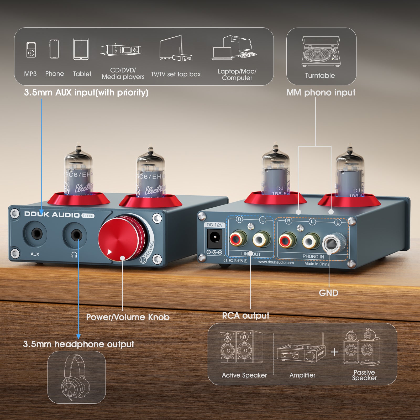 Douk Audio T4 PRO Mini GE5654 Vakuumröhren-Phono-Vorverstärker, Heim-Stereo-Audio-Vorverstärker, Kopfhörerverstärker