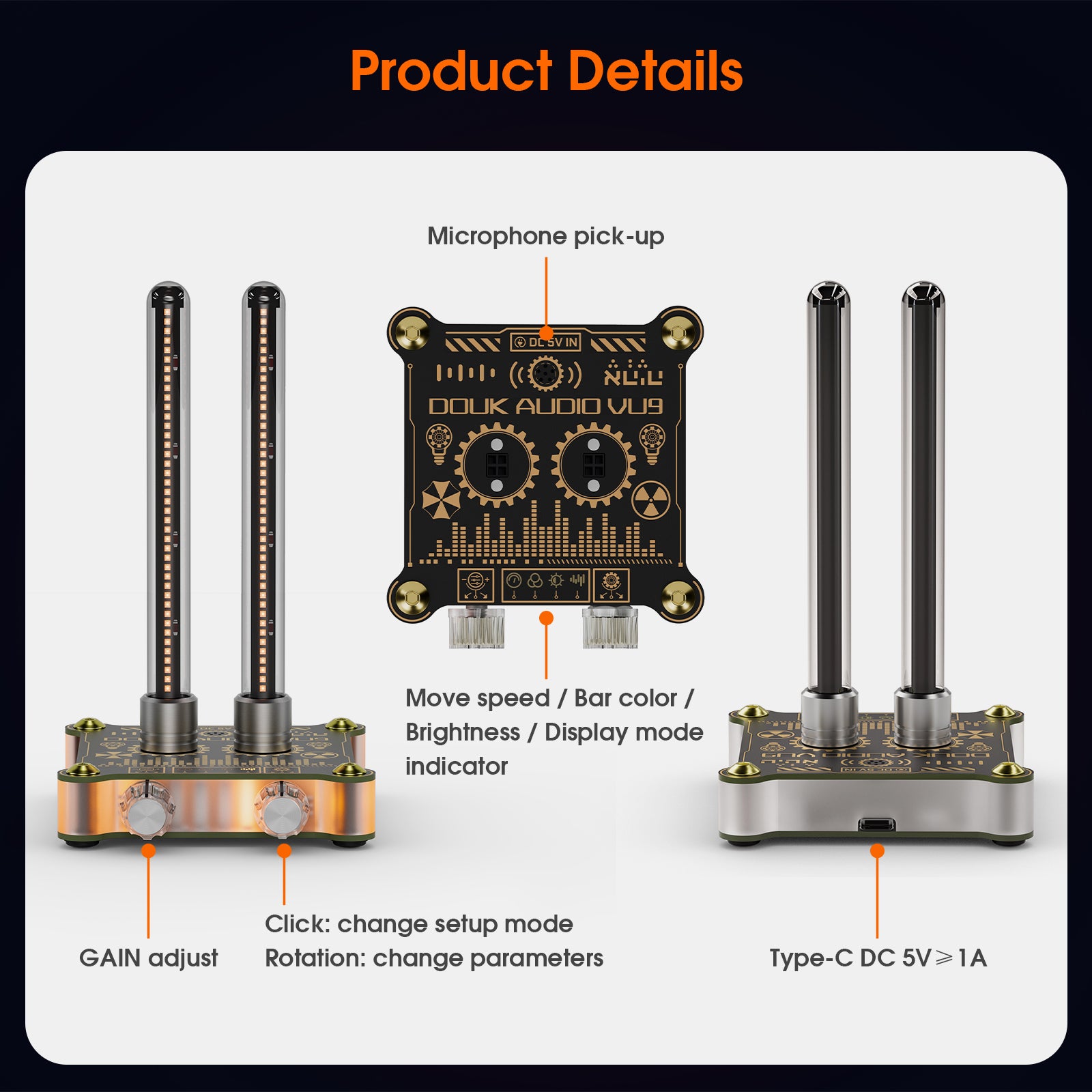 Douk Audio VU9MINI RGB LED Tube Sound Level Meter Music Spectrum Display