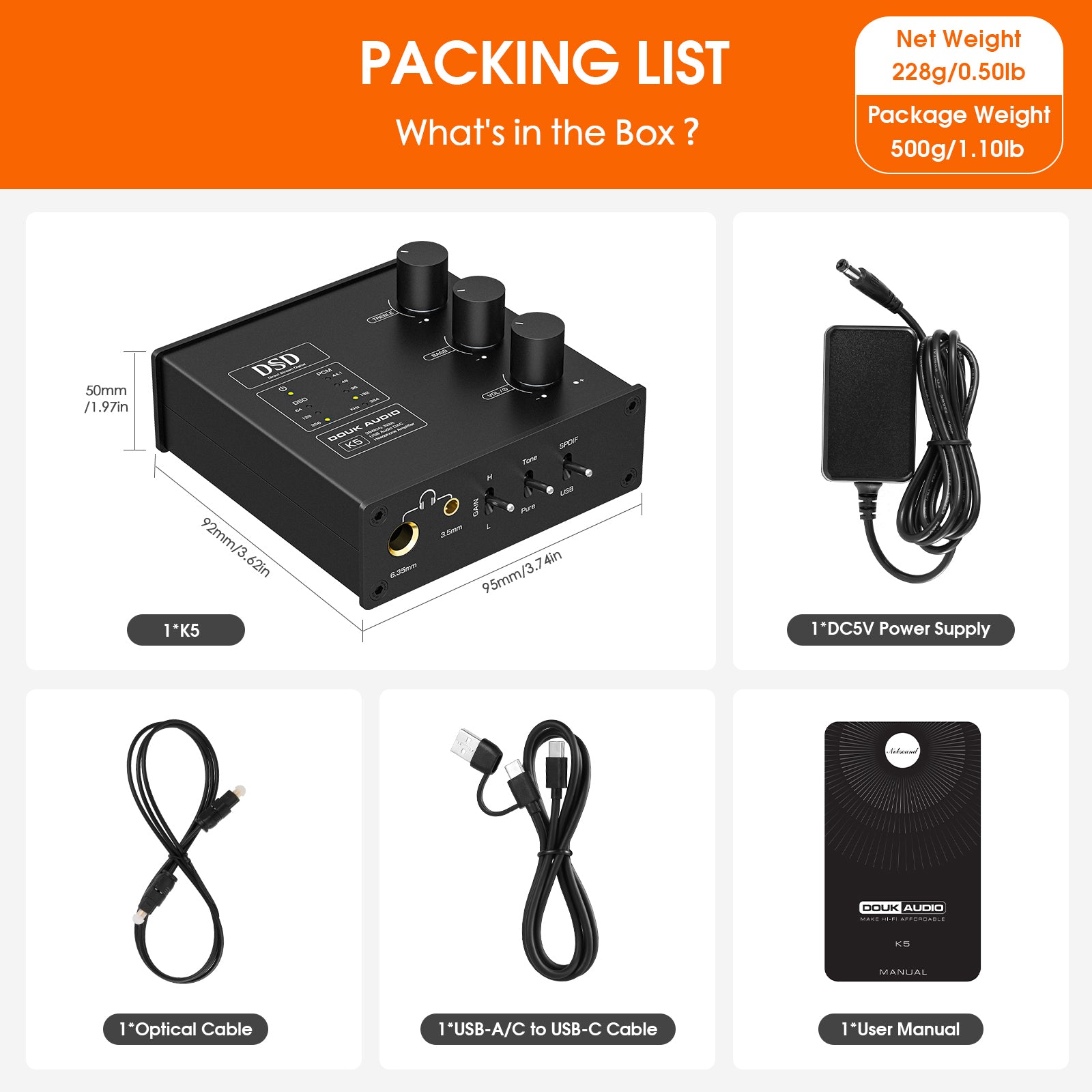 Douk Audio K5 USB DAC Headphone Amplifier OPT Digital to Analog Converter DSD256