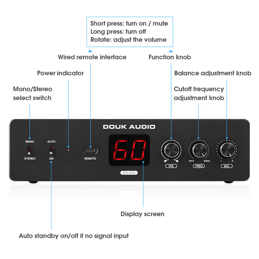 Douk Audio BSA-600 230W Bridge Stereo/Mono Bass Shaker Amplifier Subwoofer Power Amp for Transducer