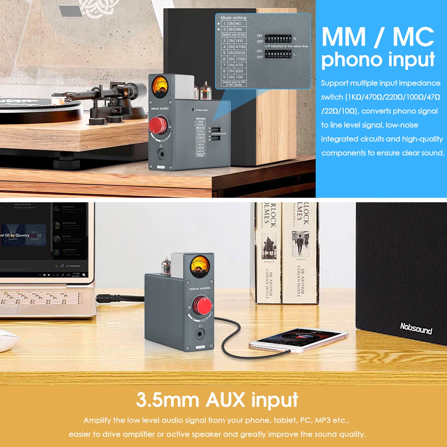 Douk Audio T4 PLUS HiFi Vaccum Tube Phono Preamp for Turntable Stereo Preamp Headphone Amp w/VU Meter