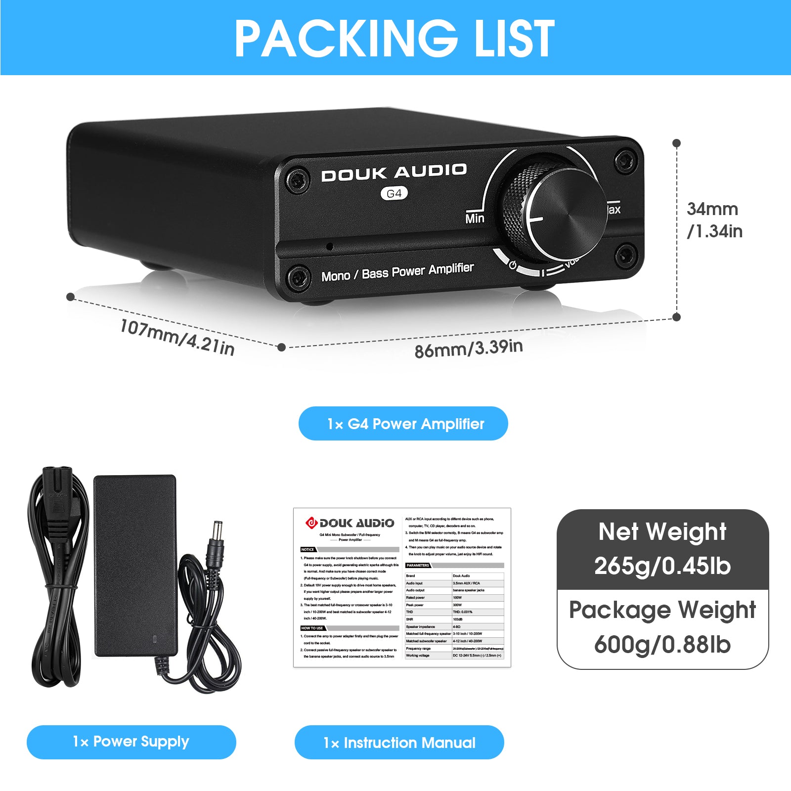 Douk Audio G4 Monokanal-Digitalverstärker Subwoofer/Vollfrequenz-Leistungsverstärker 100 W