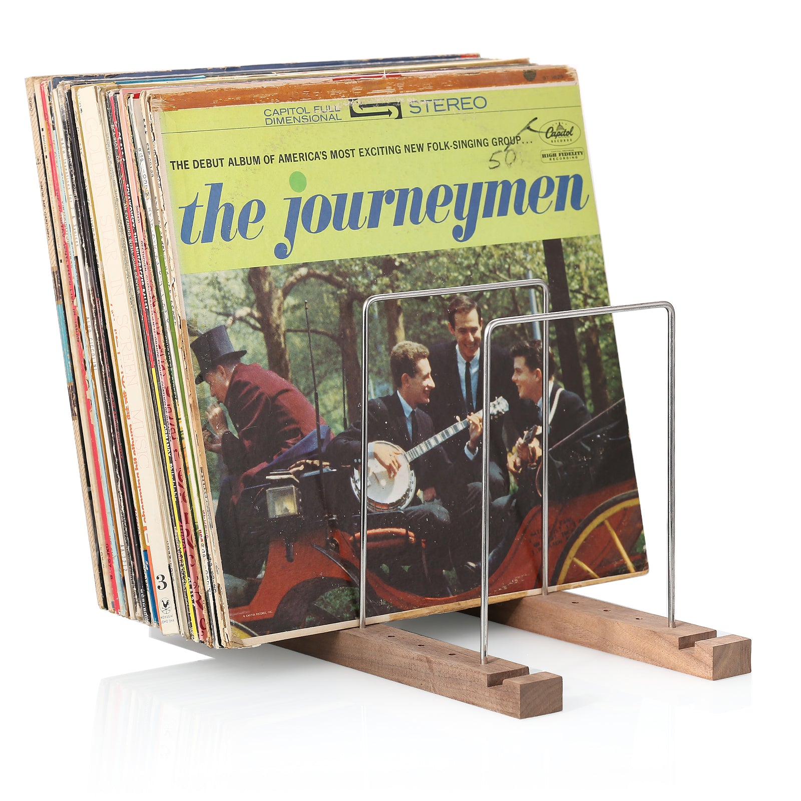 Nobsound R24E 50-60pcs LP Turntable Vinyl Record Storage Holder Wooden+Stainless Albums Stand