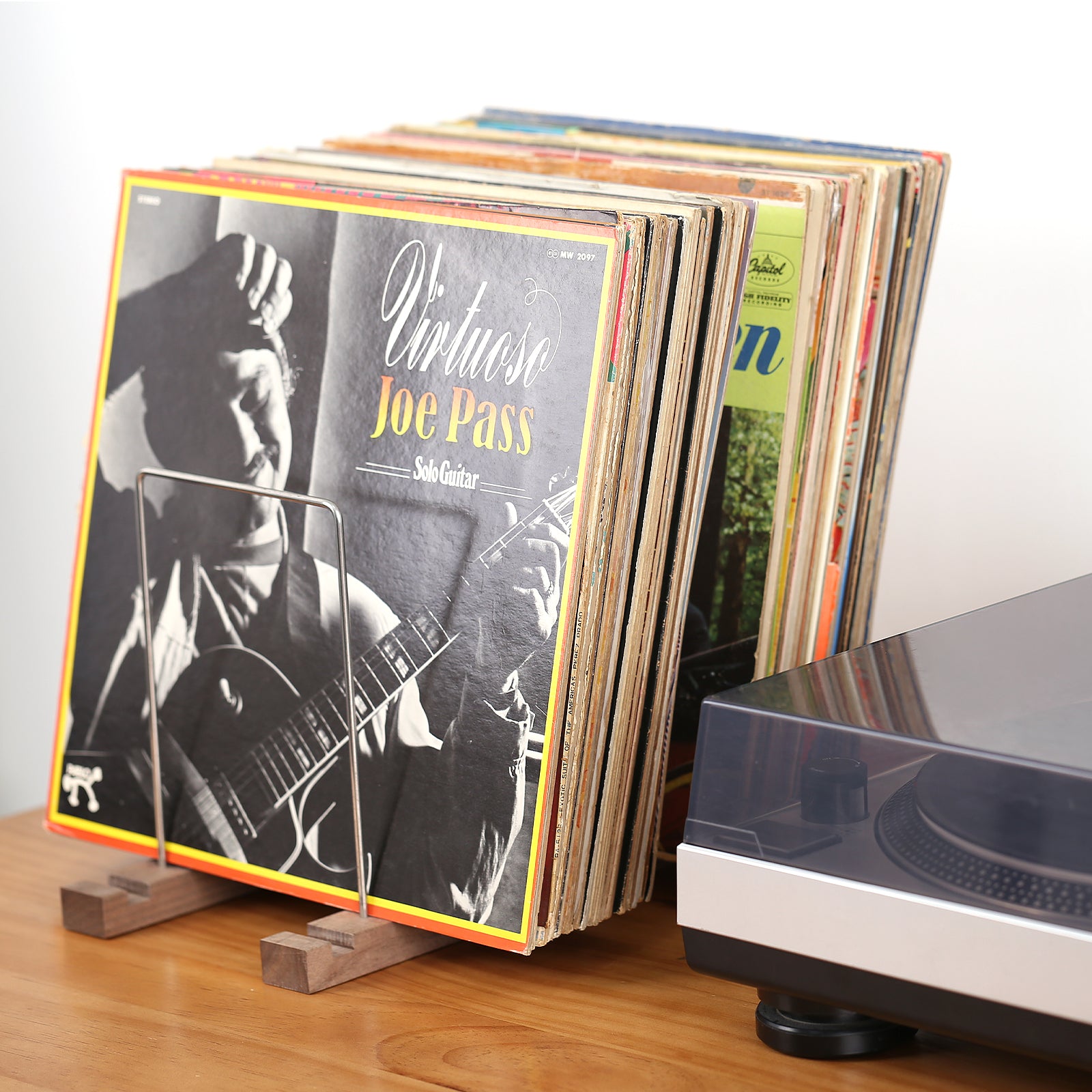 Nobsound R24E 50-60pcs LP Turntable Vinyl Record Storage Holder Wooden+Stainless Albums Stand