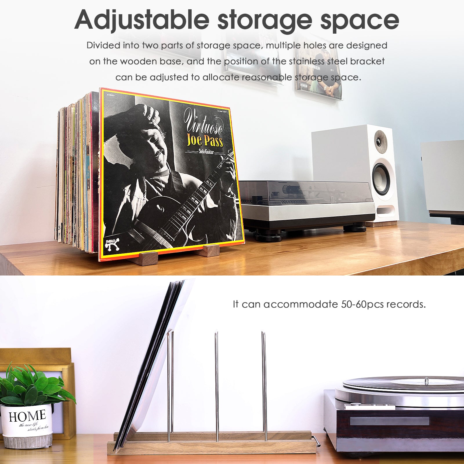 Nobsound R24E 50-60pcs LP Turntable Vinyl Record Storage Holder Wooden+Stainless Albums Stand