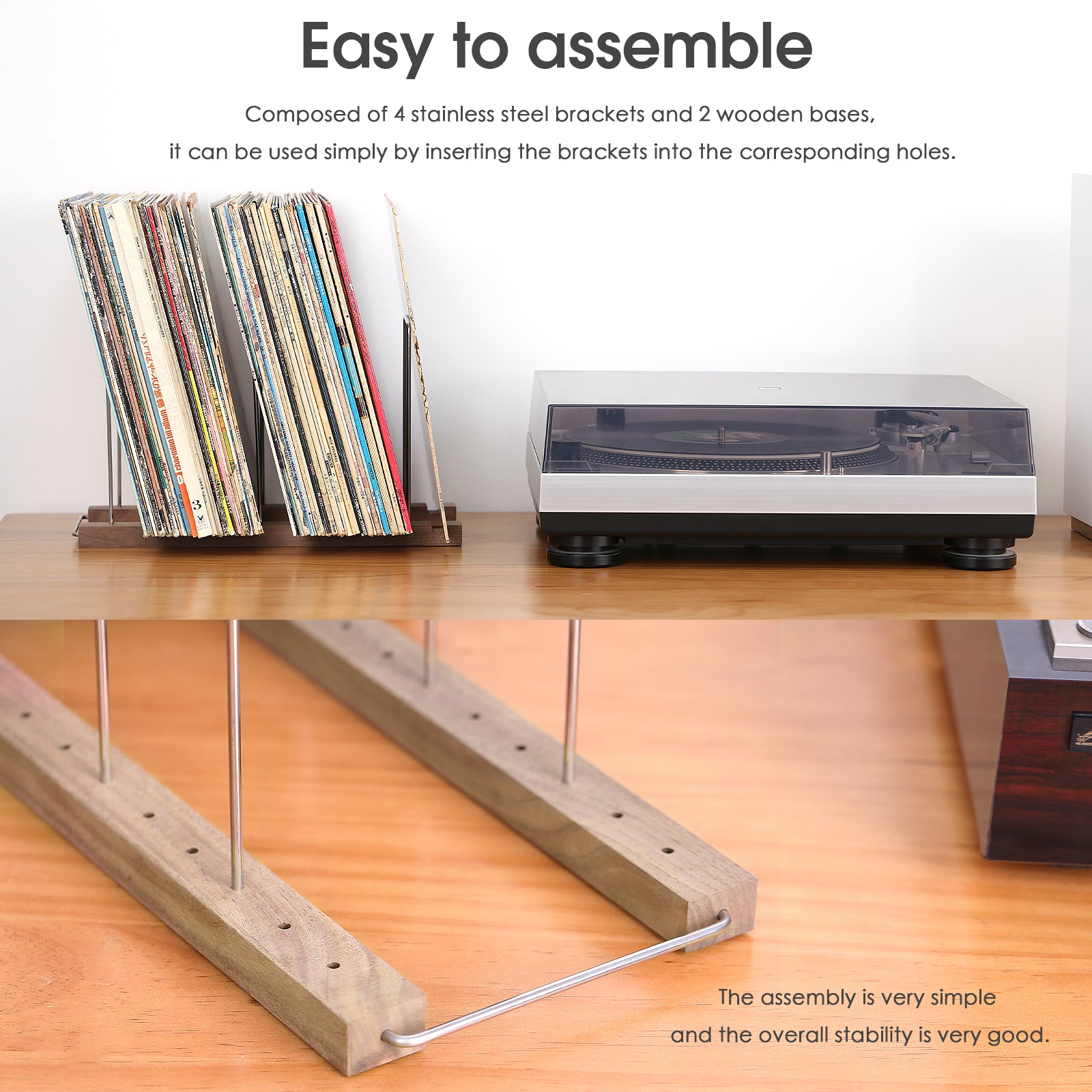 Nobsound R24E 50-60pcs LP Turntable Vinyl Record Storage Holder Wooden+Stainless Albums Stand