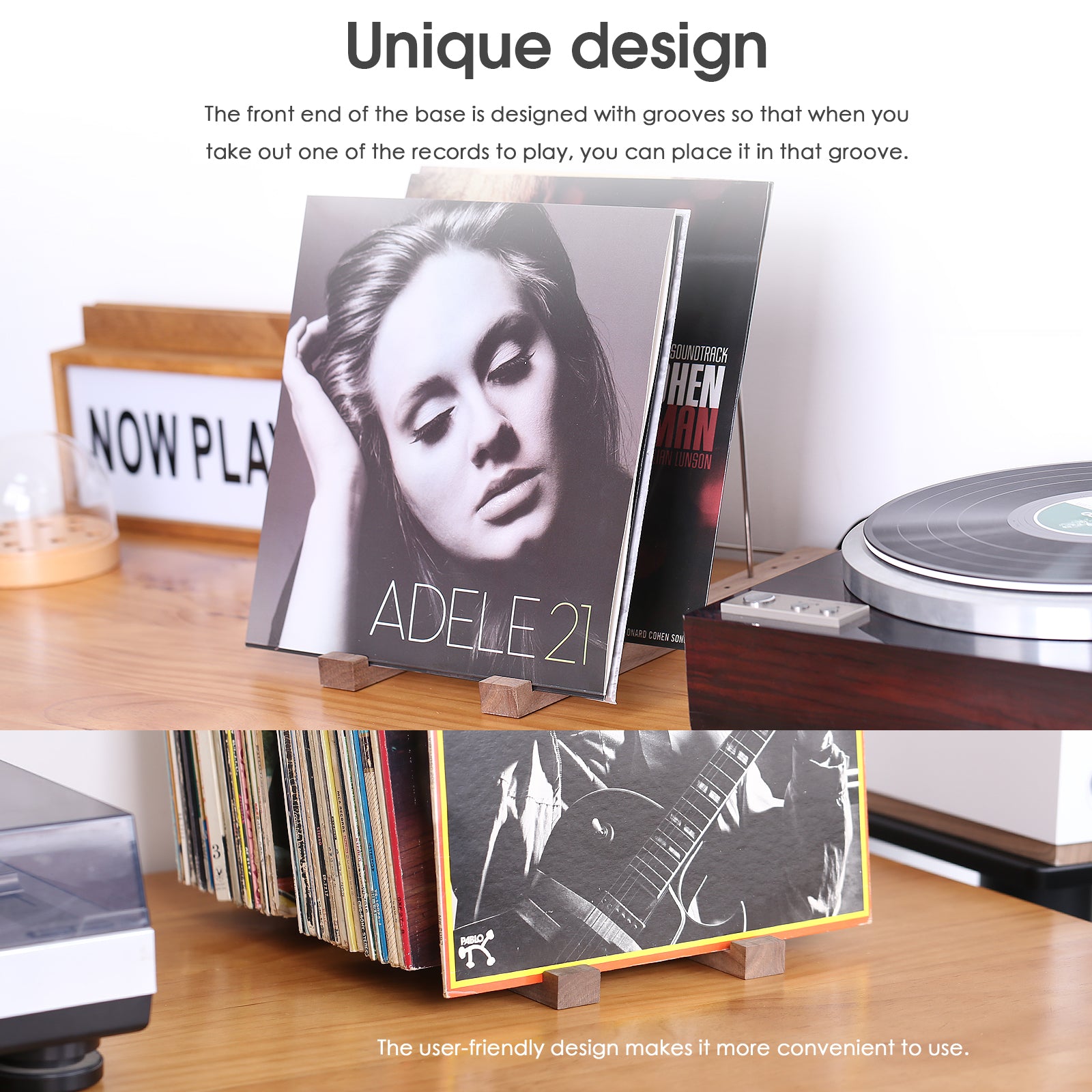 Nobsound R24E 50-60pcs LP Turntable Vinyl Record Storage Holder Wooden+Stainless Albums Stand