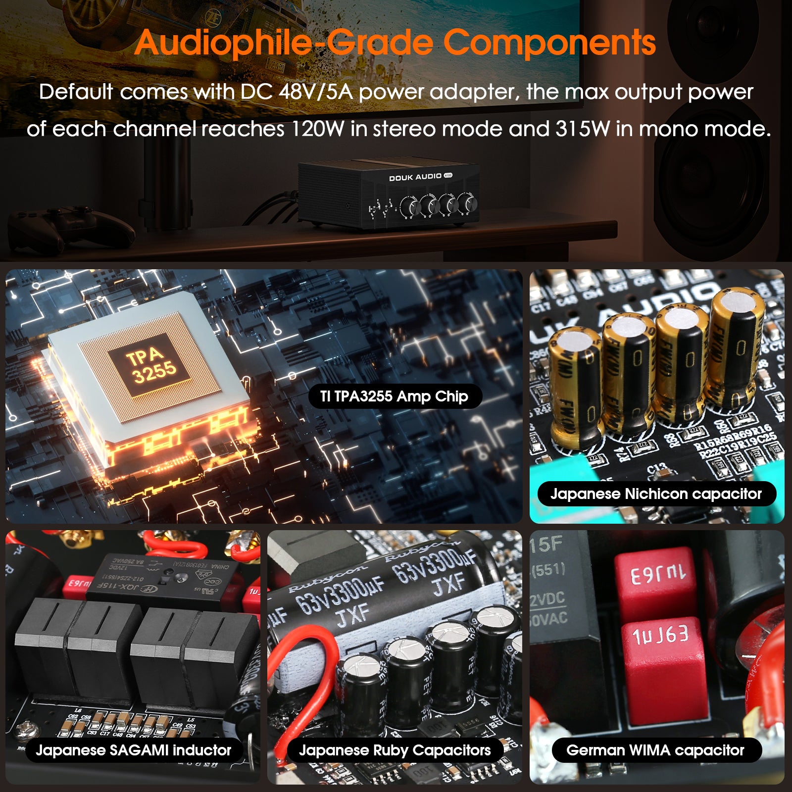 Douk Audio A100 TPA3255 数字功率放大器 单声道/立体声低音音频放大器 300W