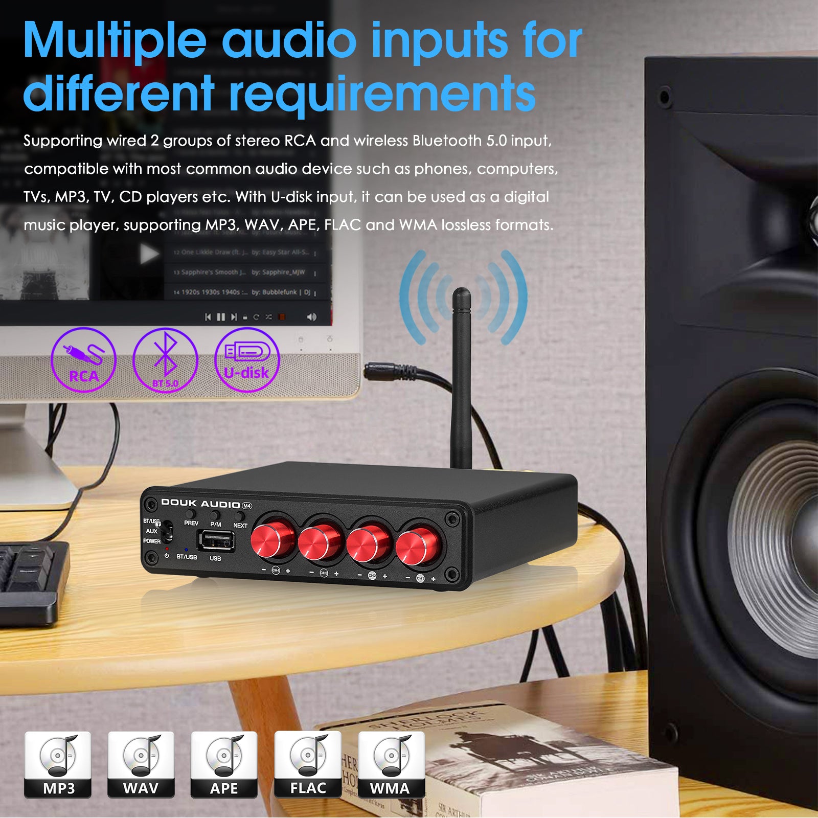 Douk Audio M4 HiFi Bluetooth 5.0 Digital Amplifier Stereo 4 Channel Multi-room Audio Amp 50W×4