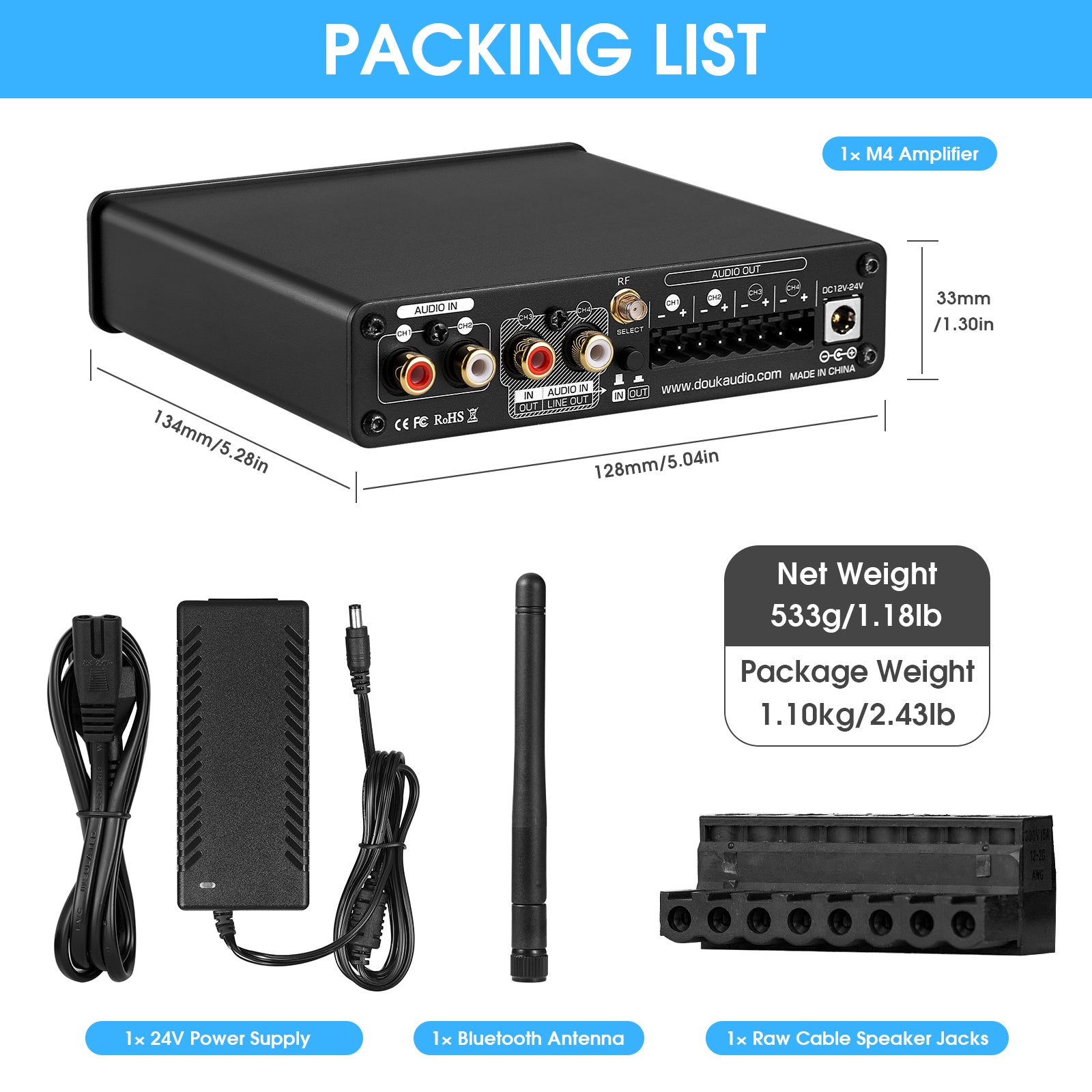 Douk Audio M4 HiFi Bluetooth 5.0 Digital Amplifier Stereo 4 Channel Multi-room Audio Amp 50W×4