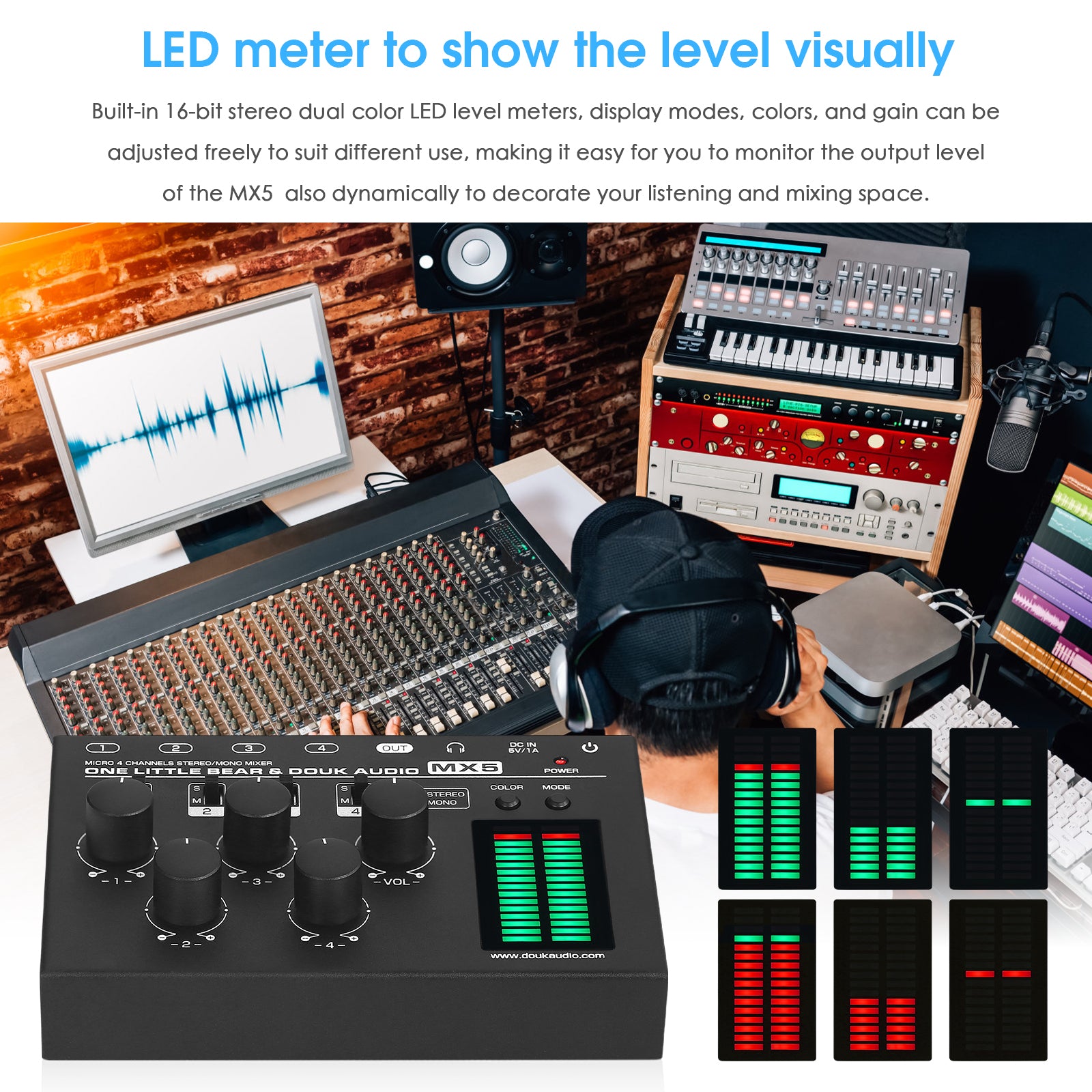 Douk Audio MX5 Mono/Stereo 4 Channel Audio Mixer Ultra Low-Noise Line Mixer LED Level Meter