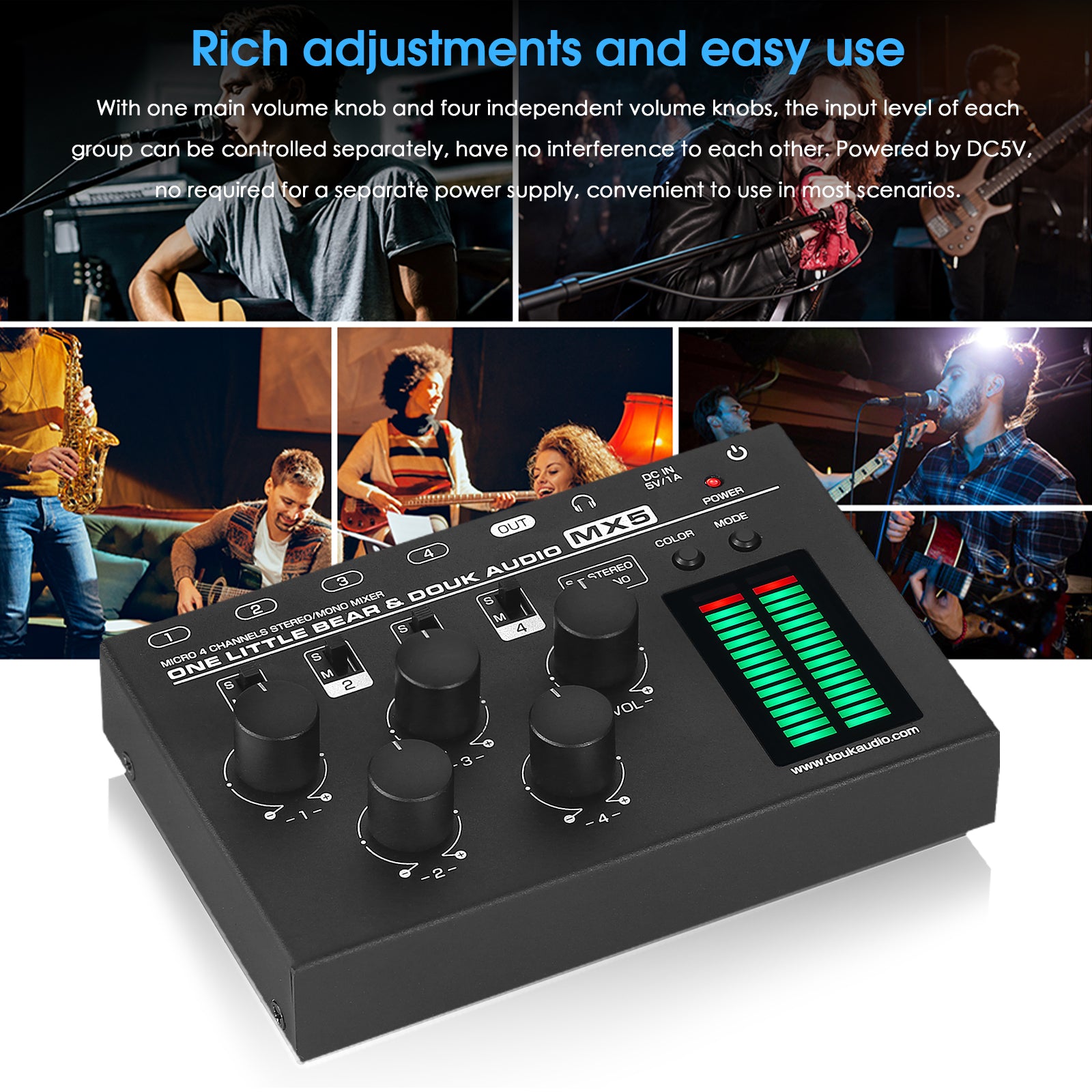 Douk Audio MX5 Mono/Stereo 4 Channel Audio Mixer Ultra Low-Noise Line Mixer LED Level Meter