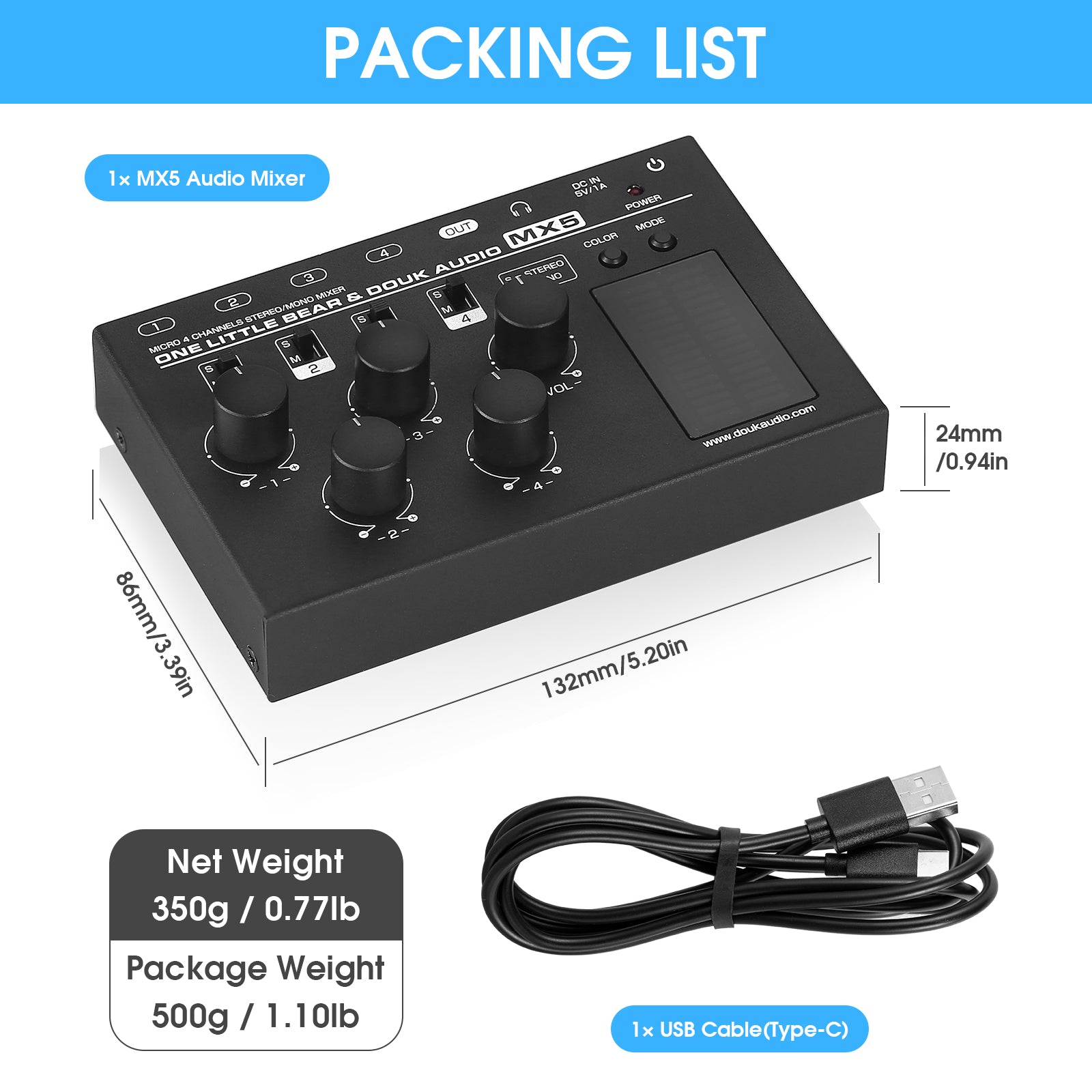 Douk Audio MX5 Mono/Stereo 4 Channel Audio Mixer Ultra Low-Noise Line Mixer LED Level Meter