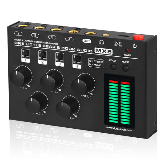 Douk Audio MX5 单声道/立体声 4 通道音频混音器超低噪音线路混音器 LED 电平表