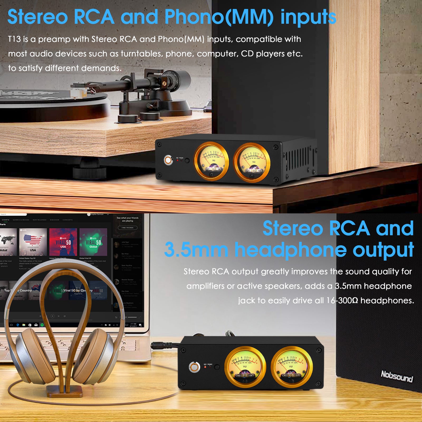 Douk Audio T13 Phono Preamp for MM Turntables Stereo Desktop Headphone Amplifier w/VU Meter
