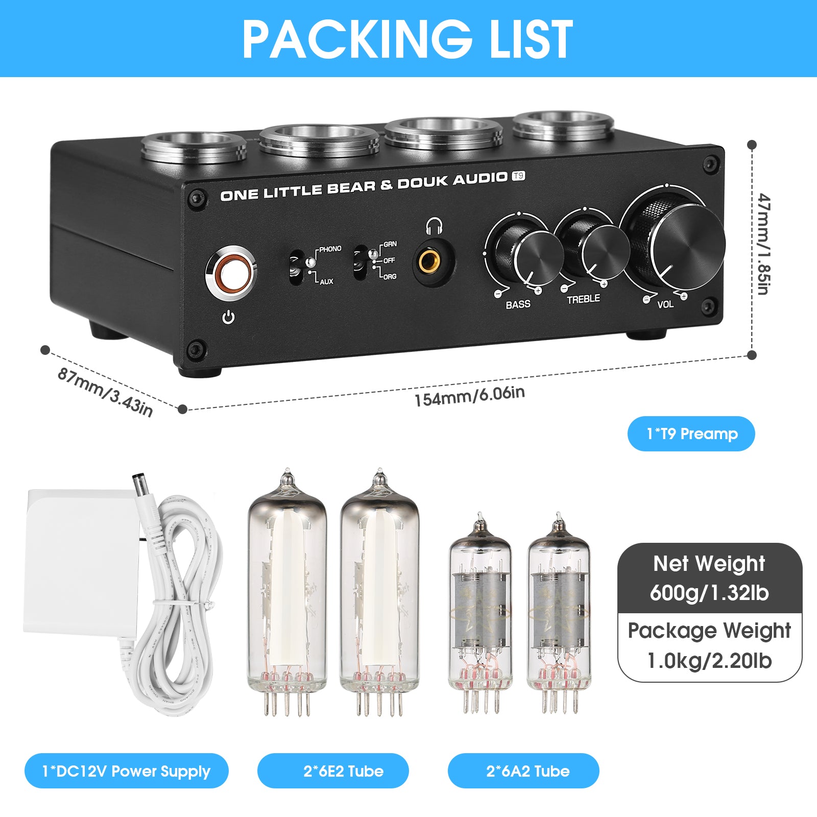 Douk Audio T9 HiFi Magic 6E2 Vacuum Tube Stereo Preamp MM/MC Phono Stage for Turntable Amp