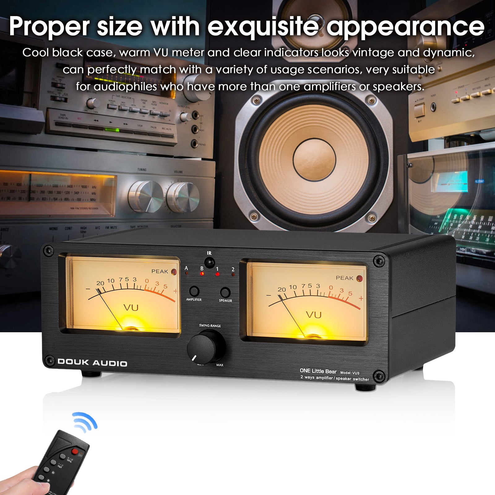 Douk Audio VU3 Dual Analog VU Meter 2-way Amplifier/Speaker Audio Switcher Box DB Panel Display