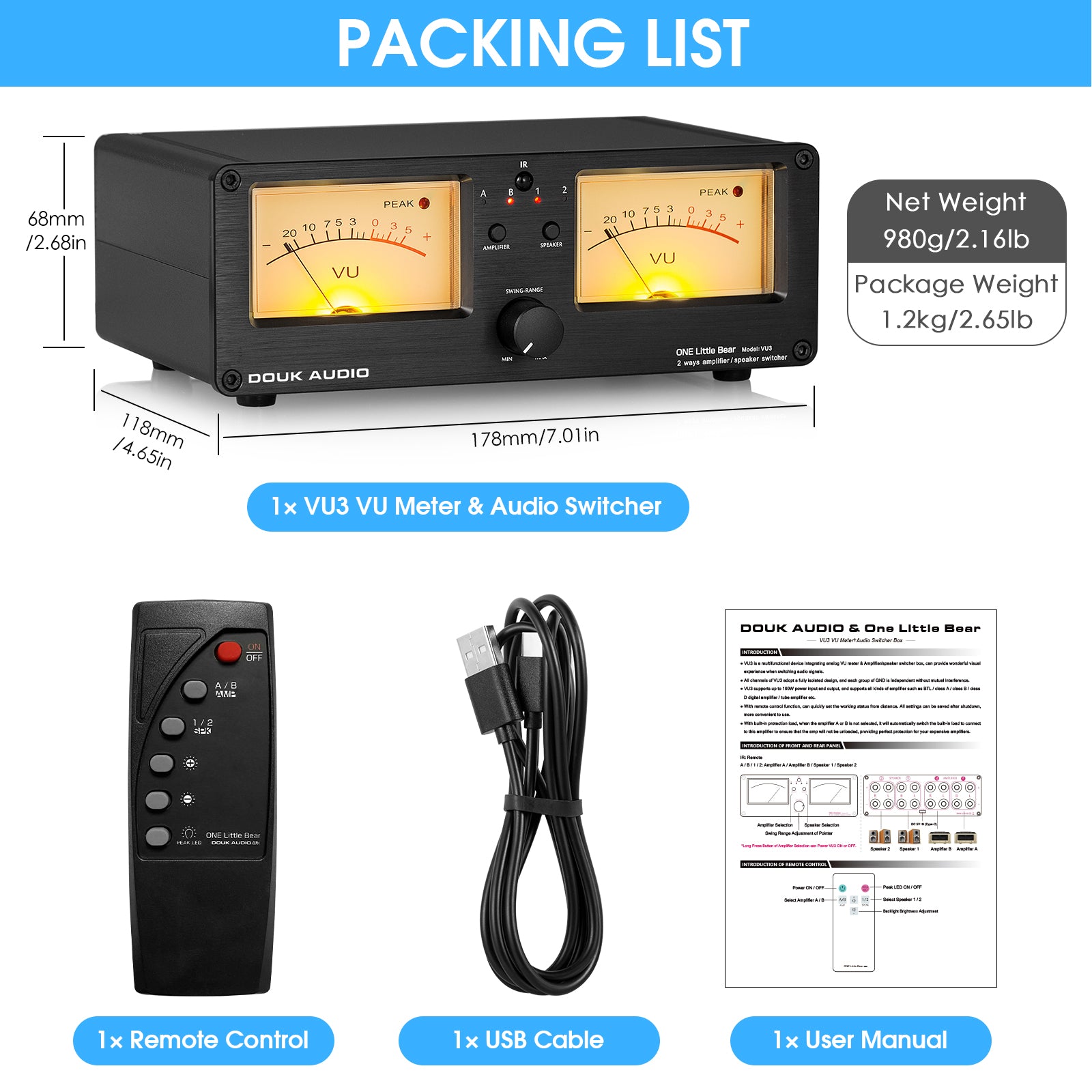 Douk Audio VU3 Dual Analog VU Meter 2-way Amplifier/Speaker Audio Switcher Box DB Panel Display