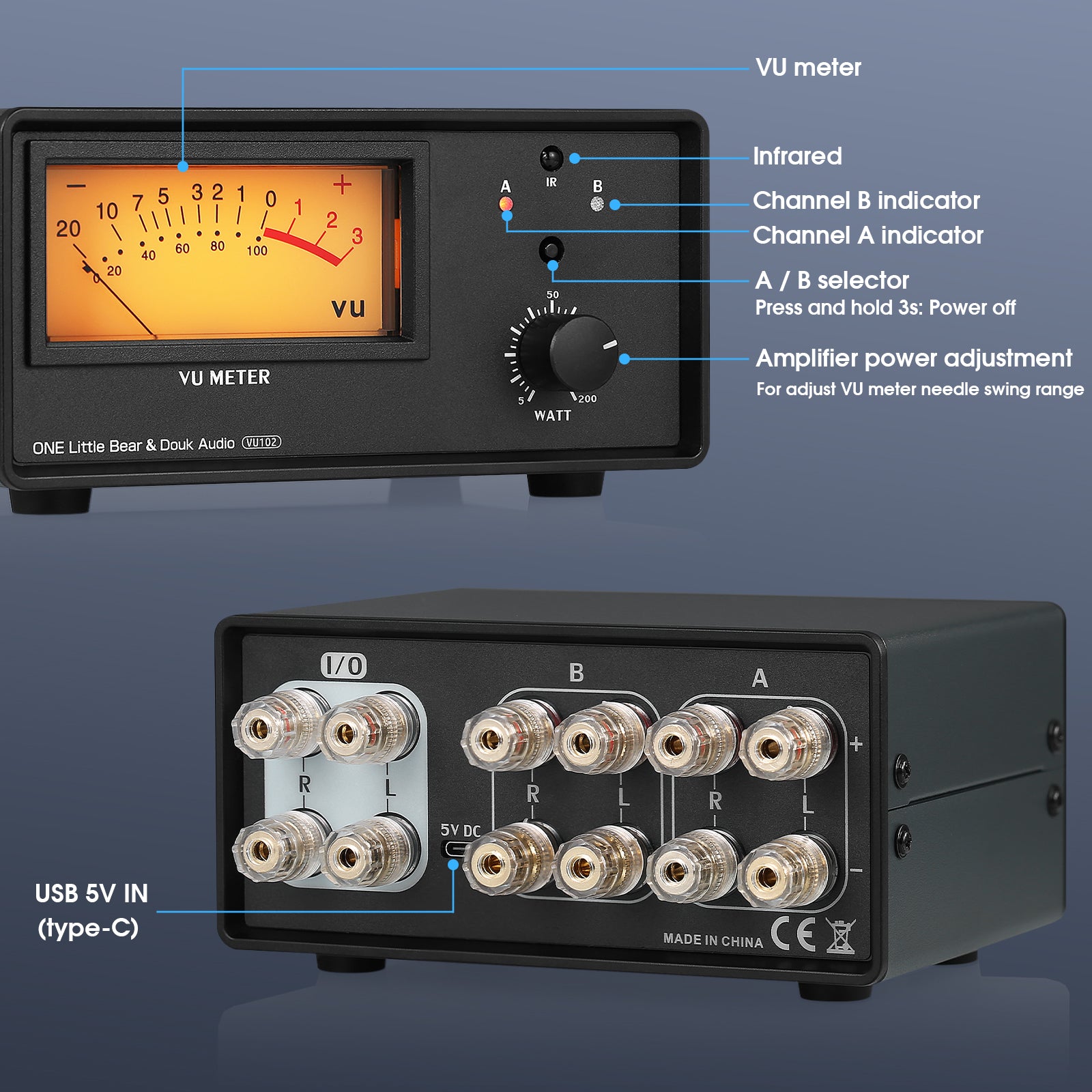 Douk Audio VU102 2 Zone Amplifier / Speaker Selector Box with VU Meter Audio Switcher w/IR Remote