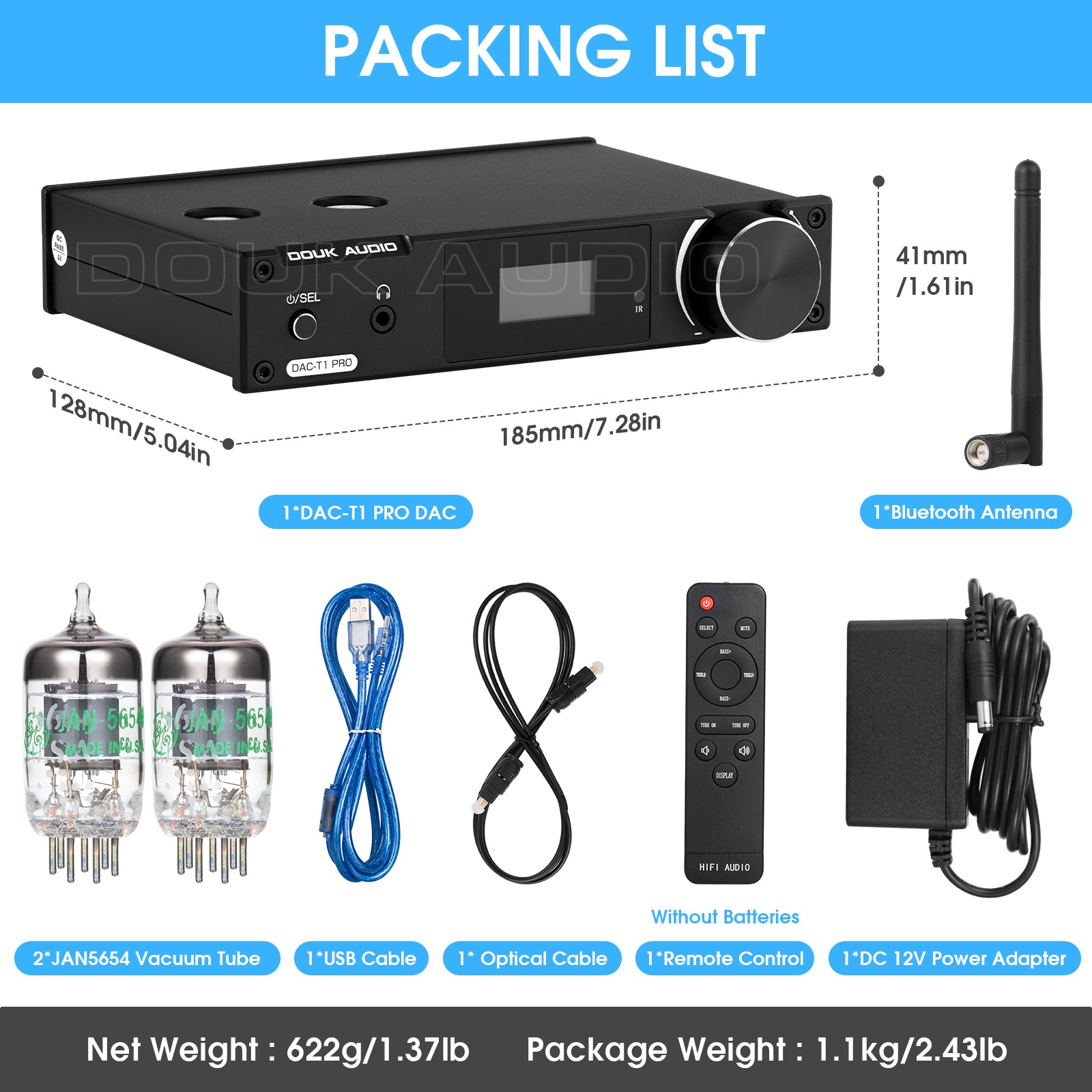 Douk Audio DAC-T1 PRO HiFi Tube Stereo Preamp USB DAC Bluetooth Receiver S/PDIF D/A Audio Converter