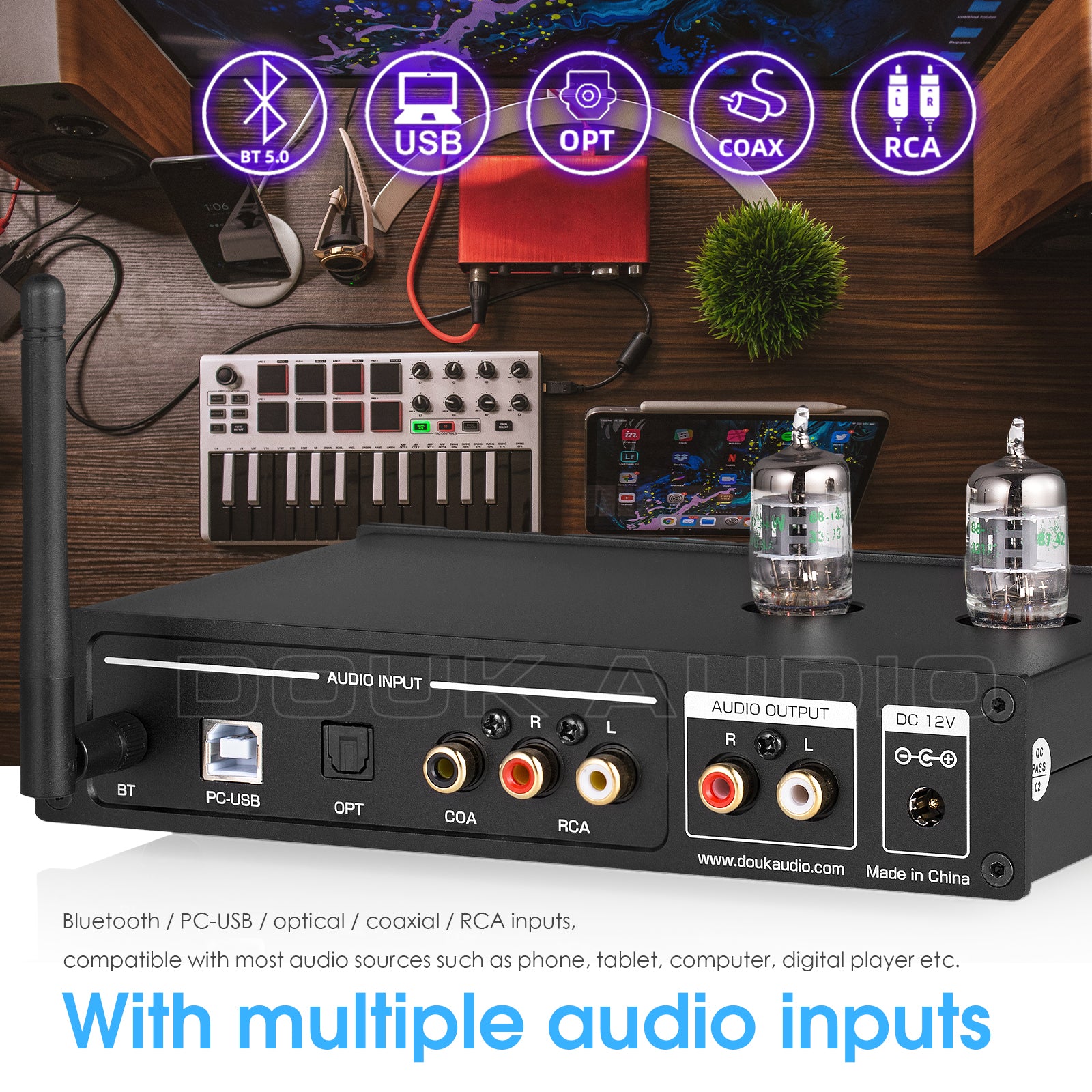 Douk Audio DAC-T1 PRO HiFi Tube Stereo Preamp USB DAC Bluetooth Receiver S/PDIF D/A Audio Converter