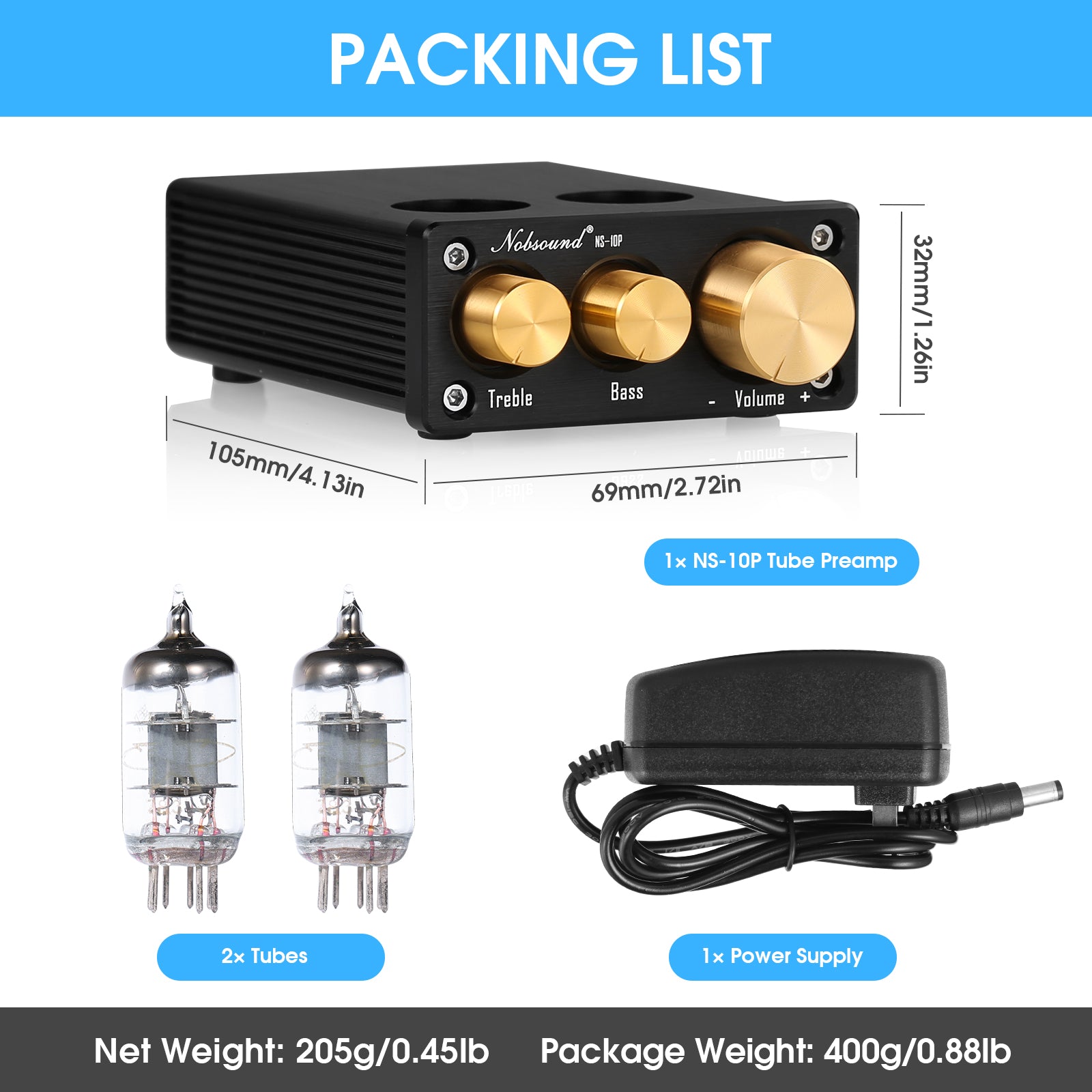 Nobsound NS-10P Mini Vacuum Tube Stereo Preamp HiFi Home Audio Pre-Amplifier with Treble Bass Control