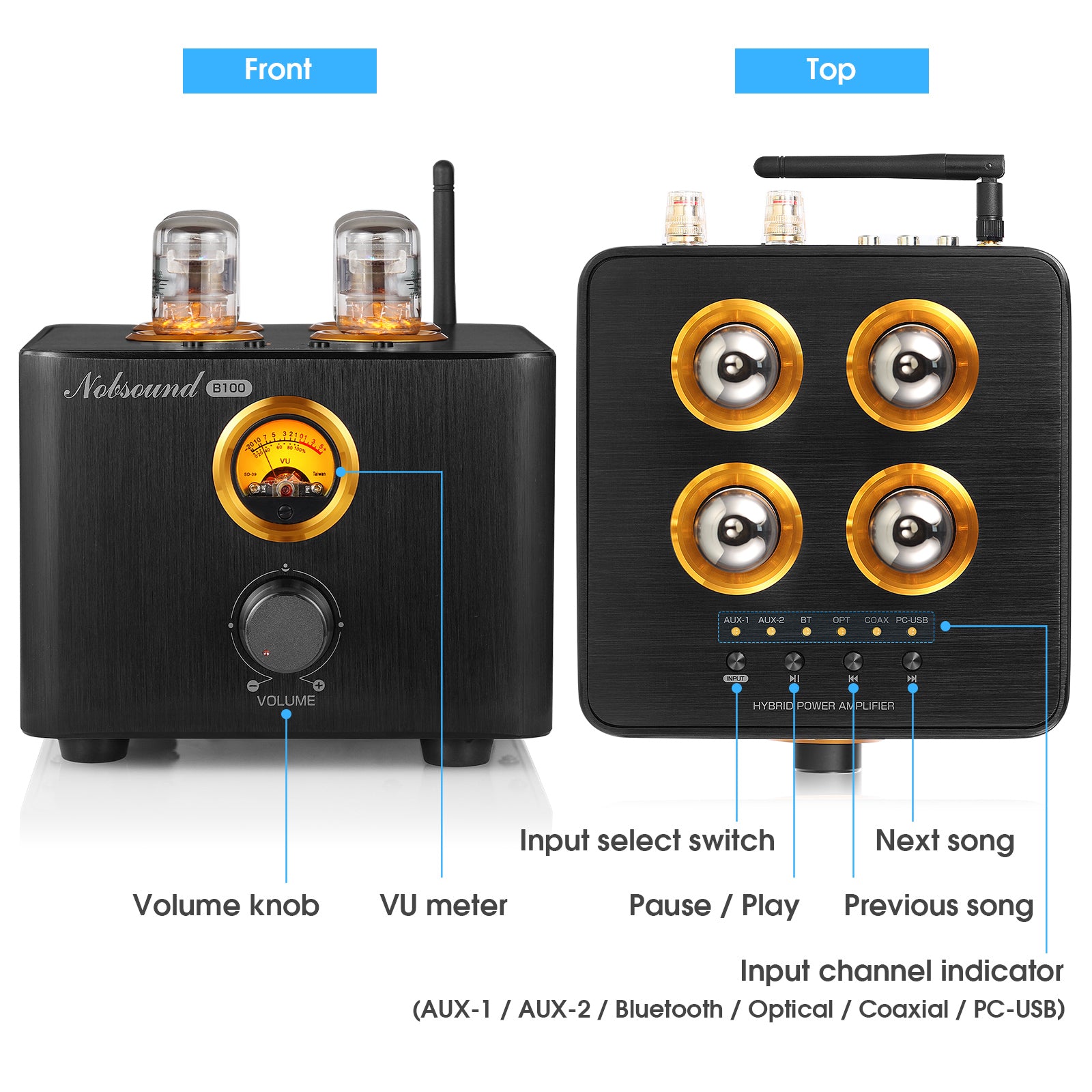 Nobsound B100 Bluetooth Tube Amplifier USB Player COAX/OPT Power Amp w/VU Meter