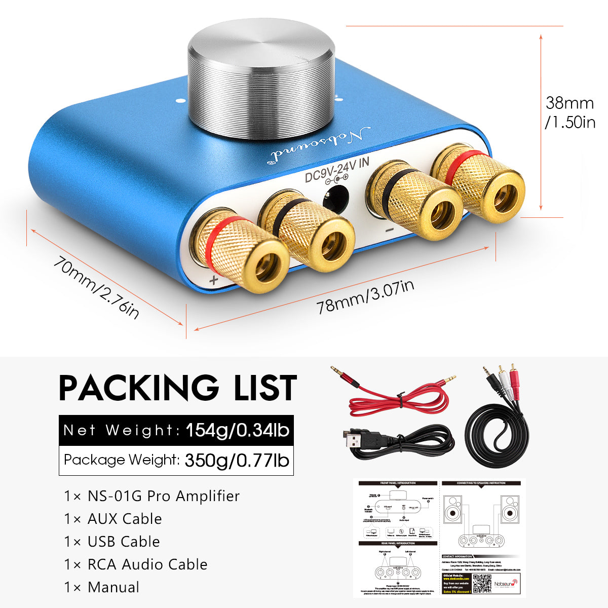 Nobsound NS-01G PRO Mini Bluetooth 5.0 Digital Amplifier USB Sound Card Stereo Audio Amp 50W+50W