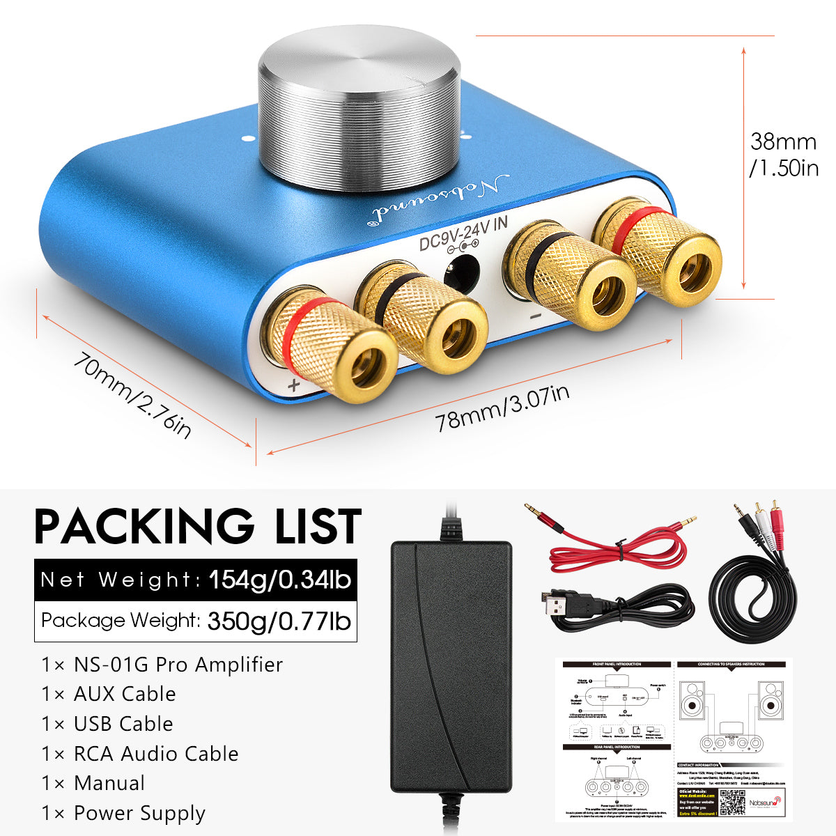 Nobsound NS-01G PRO Mini Bluetooth 5.0 Digital Amplifier USB Sound Card Stereo Audio Amp 50W+50W