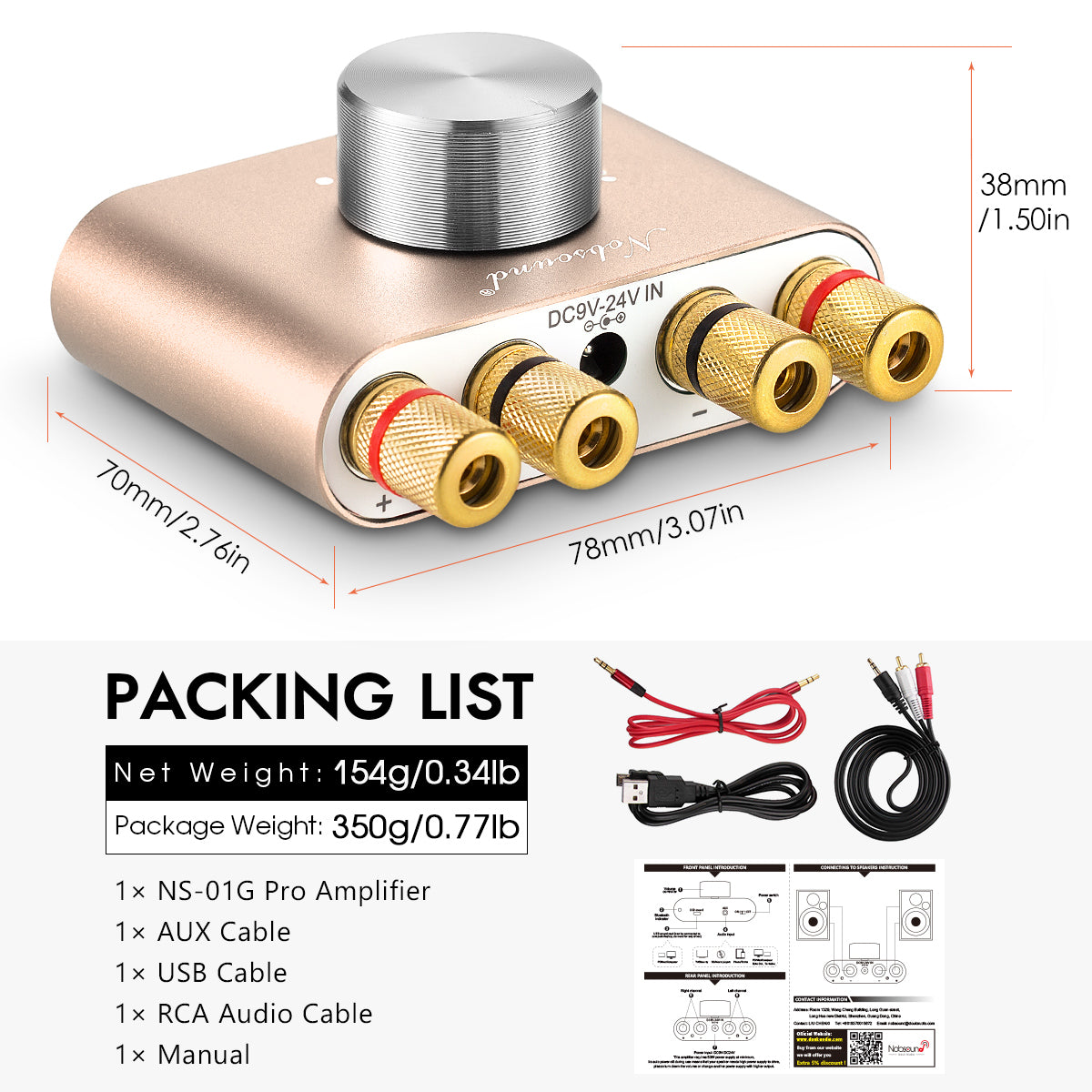 Nobsound NS-01G PRO Mini Bluetooth 5.0 Digital Amplifier USB Sound Card Stereo Audio Amp 50W+50W
