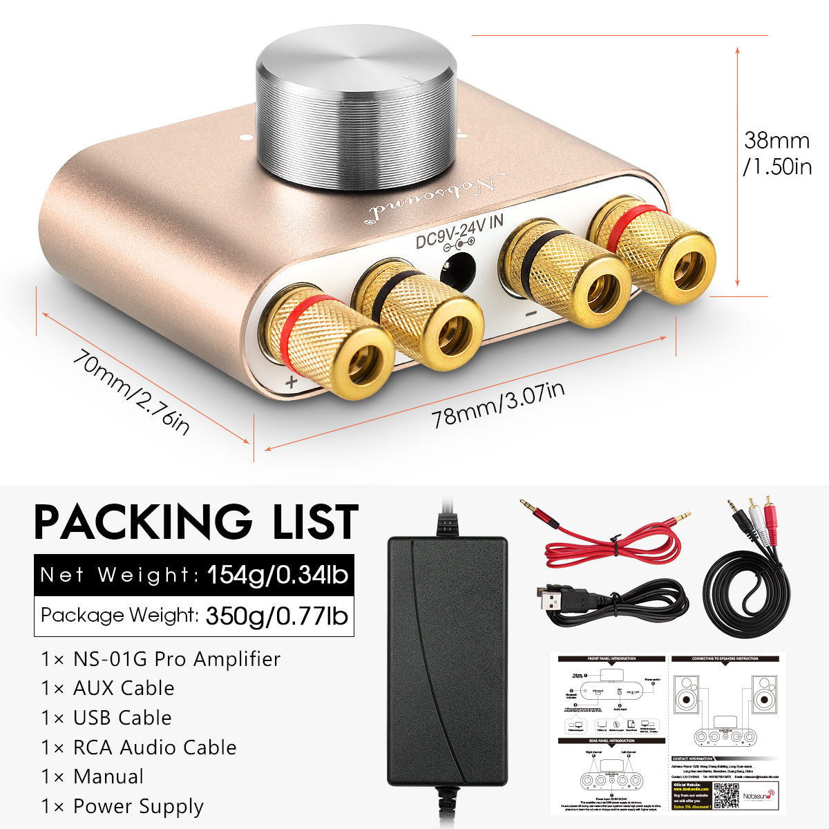 Nobsound NS-01G PRO Mini Bluetooth 5.0 Digital Amplifier USB Sound Card Stereo Audio Amp 50W+50W