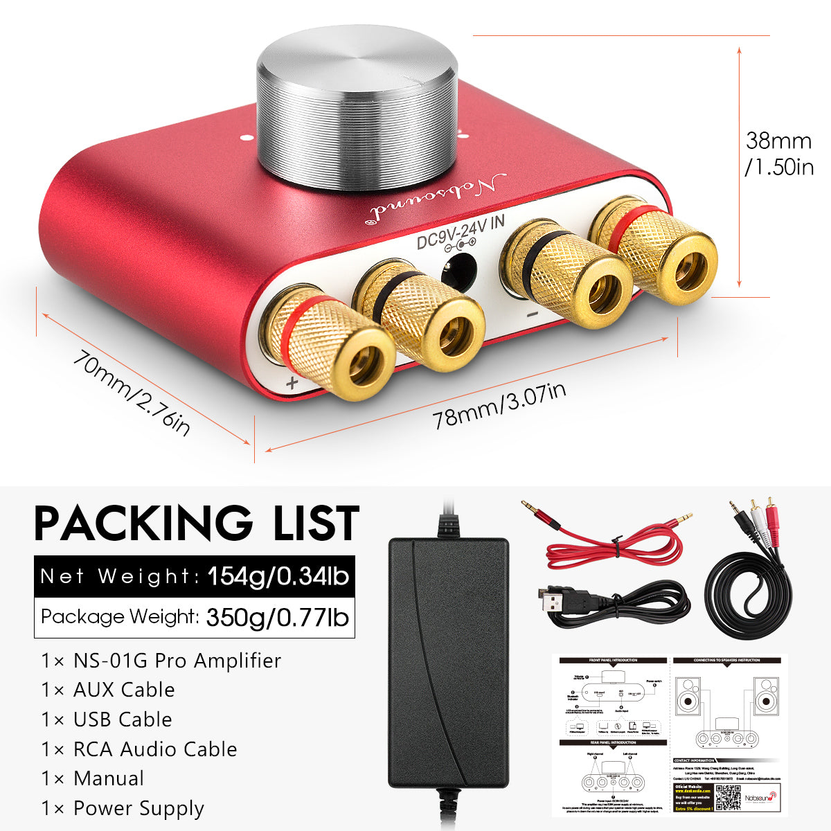 Nobsound NS-01G PRO Mini Bluetooth 5.0 Digital Amplifier USB Sound Card Stereo Audio Amp 50W+50W